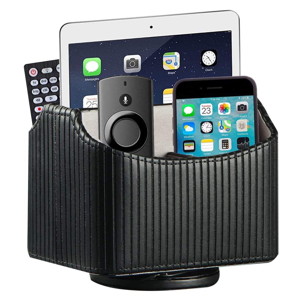 360° Rotating PU Leather Remote Control Holder - TV Remote Caddy with Storage for Controllers, Media, Mail, Calculator & Phone - Desk Organizer with Pen Holder (Black Stripe) - Perfect for Living Room, Office & Home Theater Organization