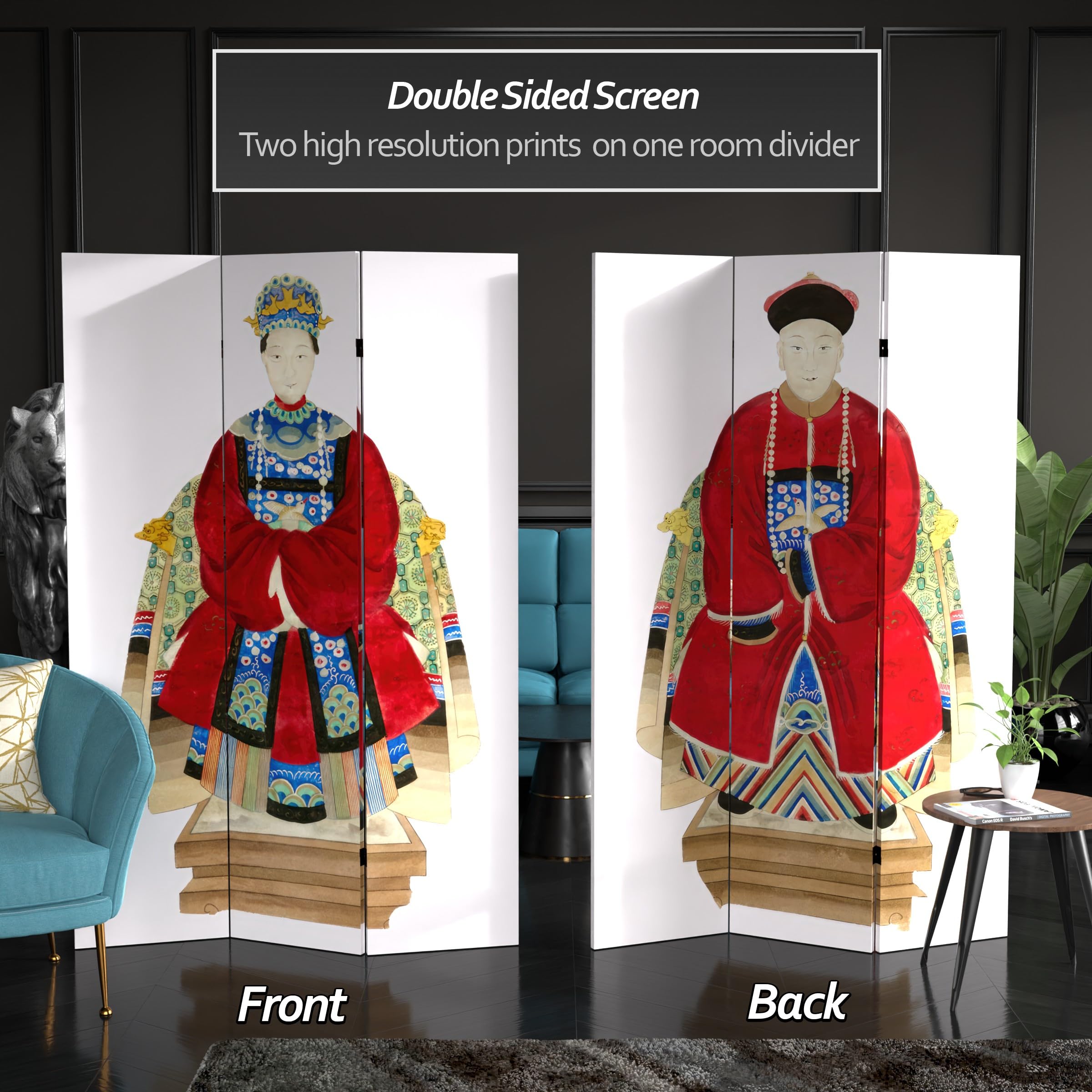 6 ft. Tall Red Lantern Chinese Emperor Canvas Room Divider - Double Sided White Folding Screen for Home Decor, Office Partition & Asian-Themed Events