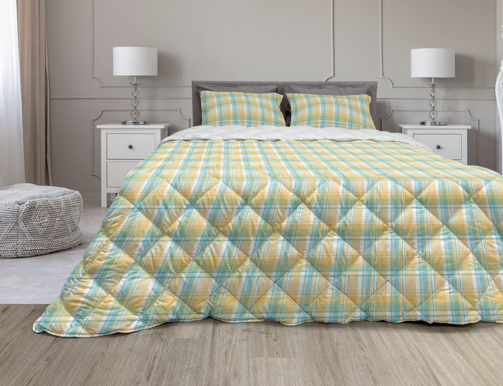 Ambesonne Tartan Comforter Set 3-Piece - Full Size Microfiber Duvet Cover with Sham, Abstract Geometric Checkered Pattern in Dark Seafoam & Pale Orange - Soft Bedding for Modern Bedroom Decor, Guest Room & Dorm Essentials