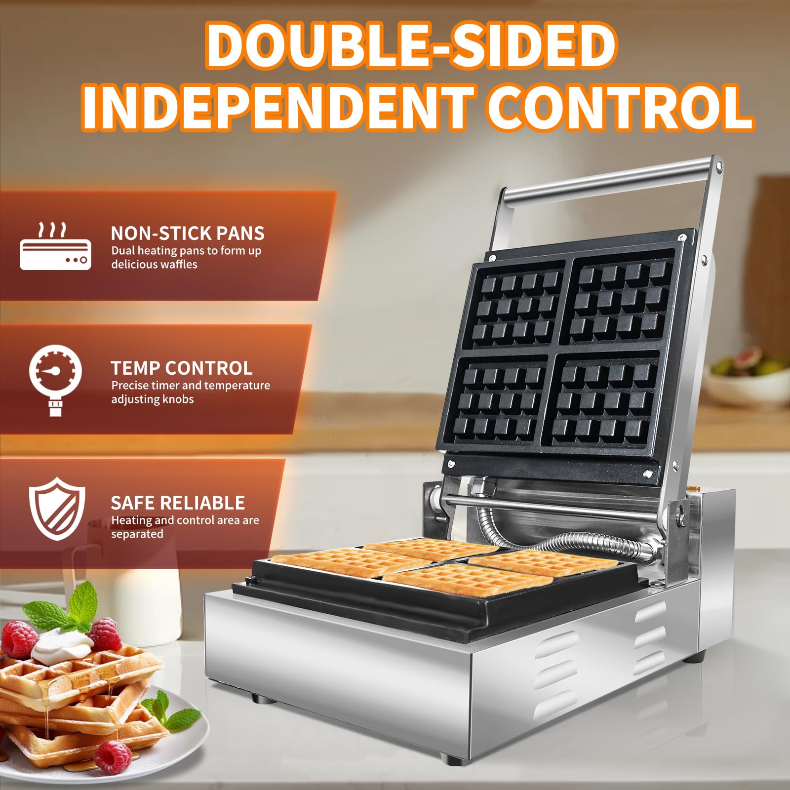 Li Zhen Commercial Waffle Maker - Electric Nonstick Round Waffle Machine with 4 Slices, Mini Waffle Iron for Classic Waffles & Square Pancakes - Perfect for Kids Breakfast, Family Brunch & Cafe Use