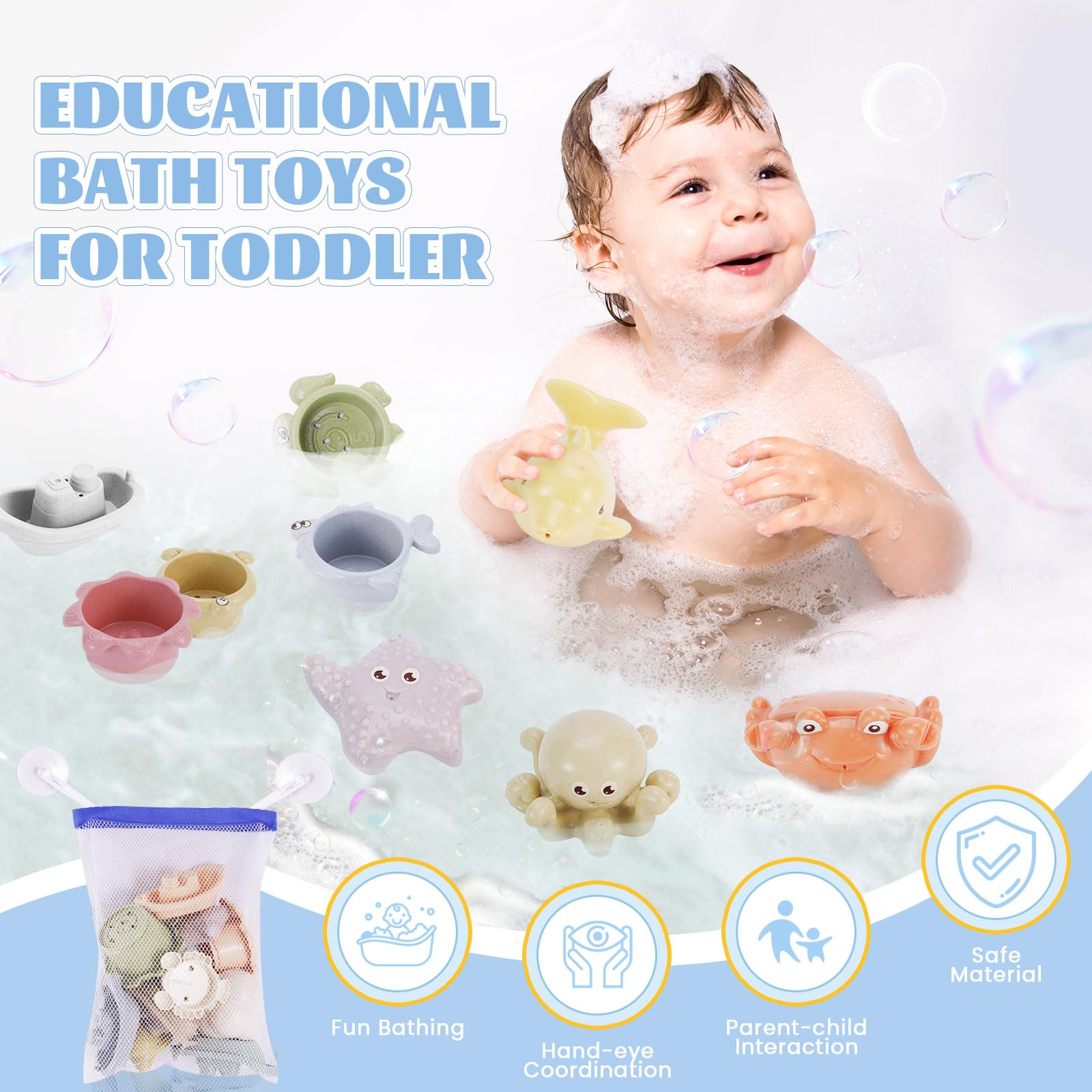 Chinloca Bath Toys for Toddlers & Kids - Fun Baby Bathtub Toys Set with Boats, Stacking Cups & Squirters | Perfect for Sensory Play, Bath Time Learning & Water Play Activities