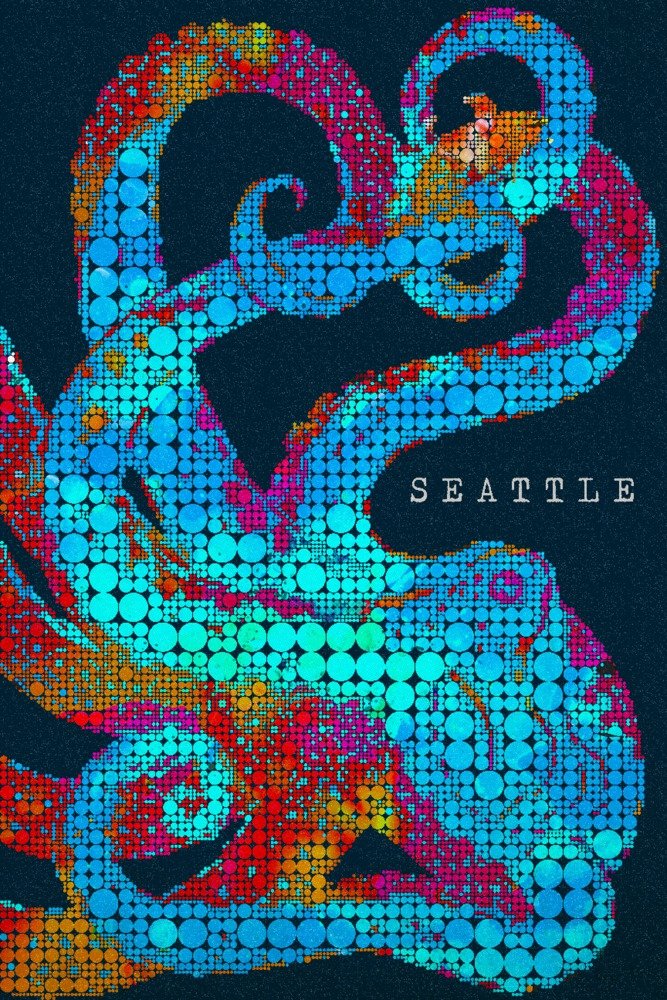 Seattle Octopus Watercolor Dot Art - 16x24 Gallery Quality Metal Wall Decor, Aluminum Print for Home & Office - Perfect for Living Room, Bedroom, or Coastal Theme Decor