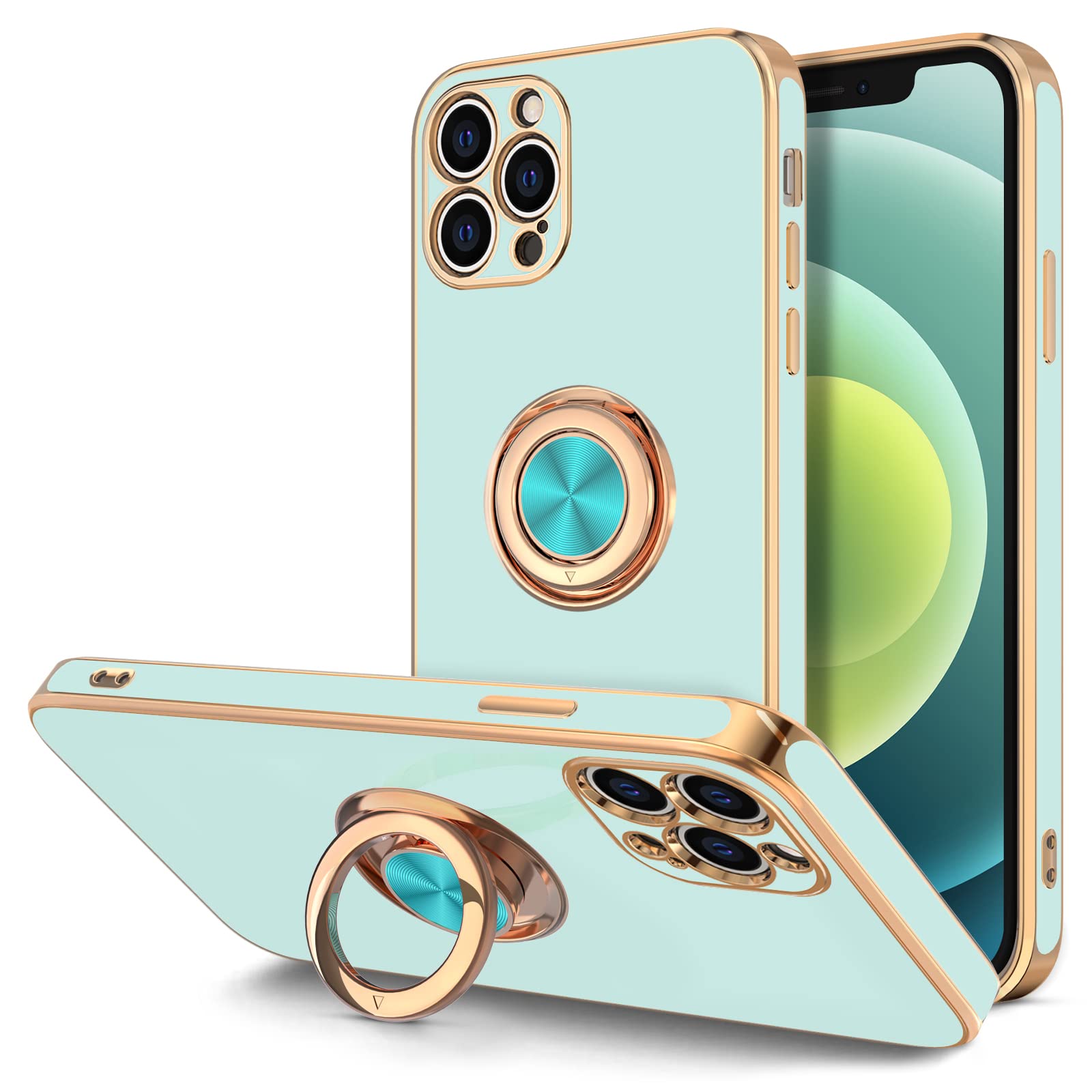 Hython Magnetic Phone Case for iPhone 12 Pro Max - 360° Rotatable Ring Stand with Kickstand, Shockproof Protective Cover with Soft Microfiber Lining & Rose Gold Edge - Perfect for Work, Travel and Hands-Free Viewing (Mint Green)