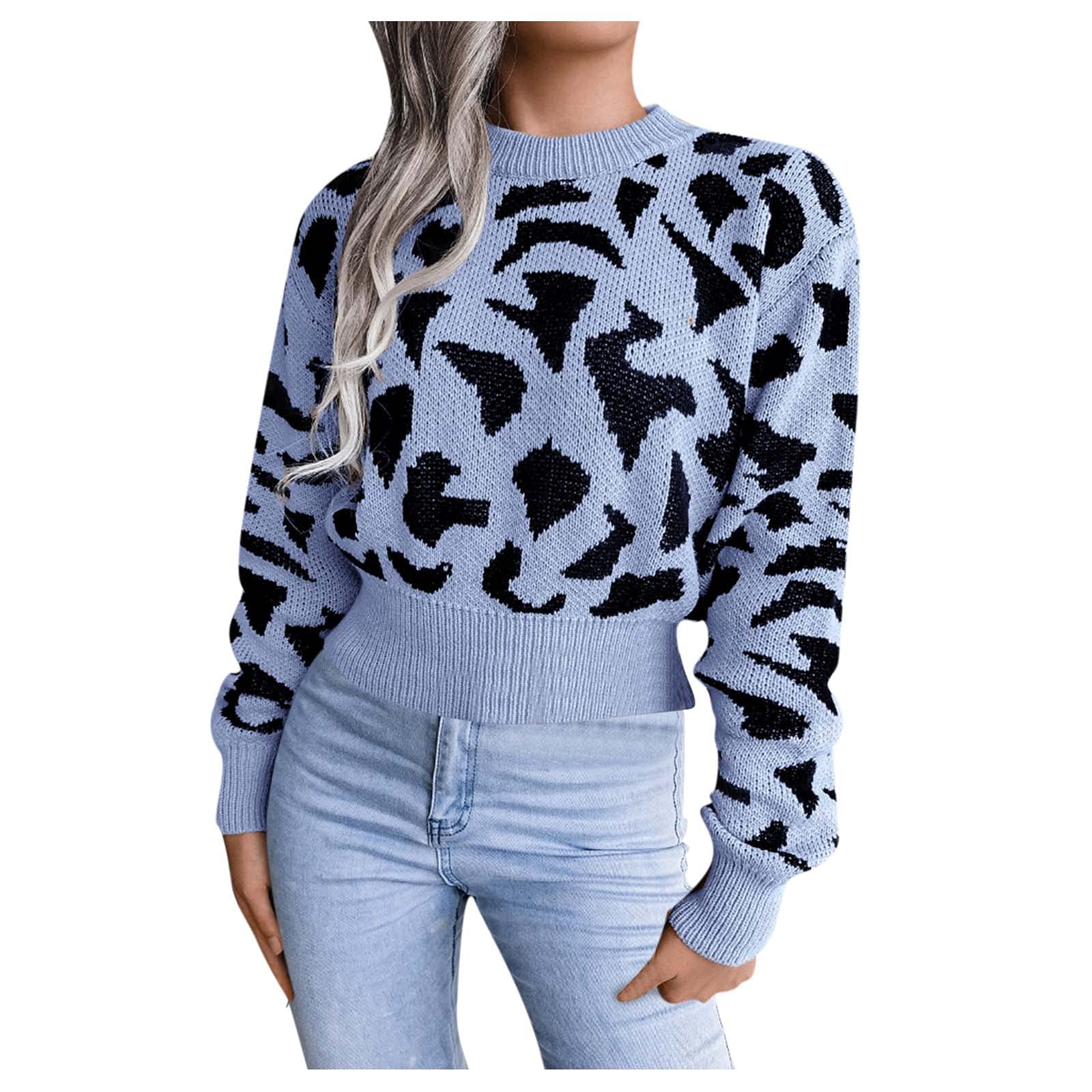 JUNGE Women's Cropped Sweater - Leopard Print Chunky Knit Pullover with Crew Neck & Long Sleeves | Winter Casual Tops for Office, Dating & Weekend Outfits