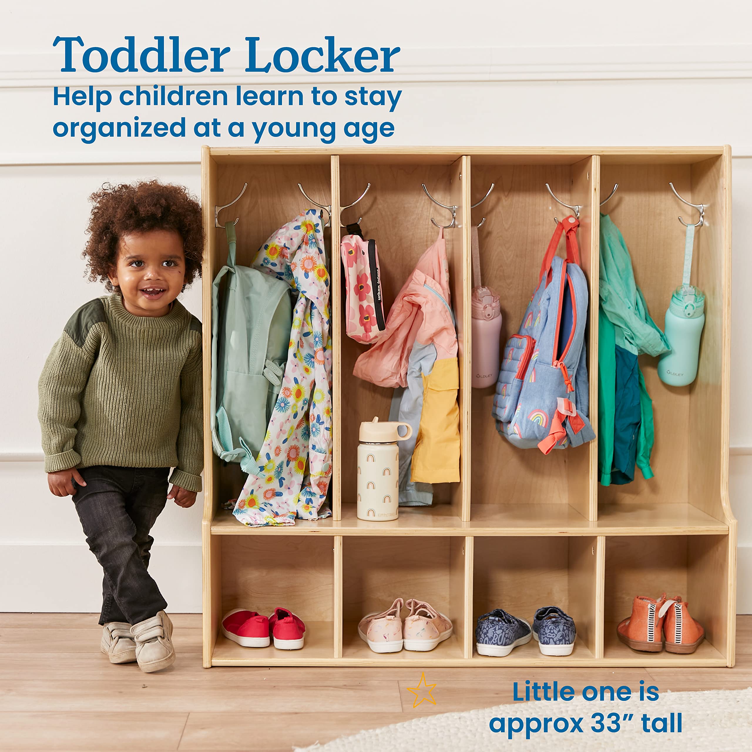 ECR4Kids Streamline 4-Section Coat Locker with Bench - Natural Wood Toddler-Sized Storage Furniture for Daycare, Preschool & Home Entryway Organization