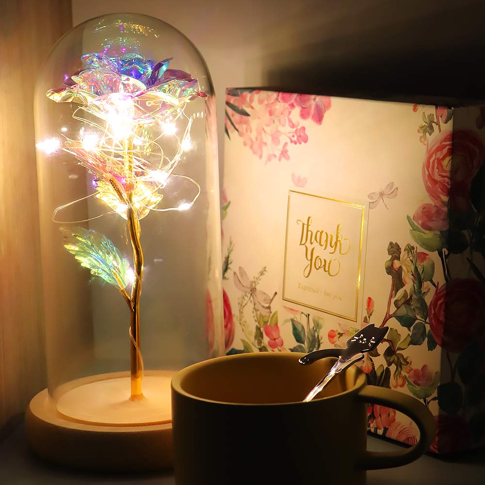 Galaxy Rose in Glass Dome with LED Lights - Eternal Rose Gift for Christmas, Mother's Day, Valentine's Anniversary (10.2x5.5x5.5 inch Gold) - Perfect Romantic Home Decor & Wedding Centerpiece