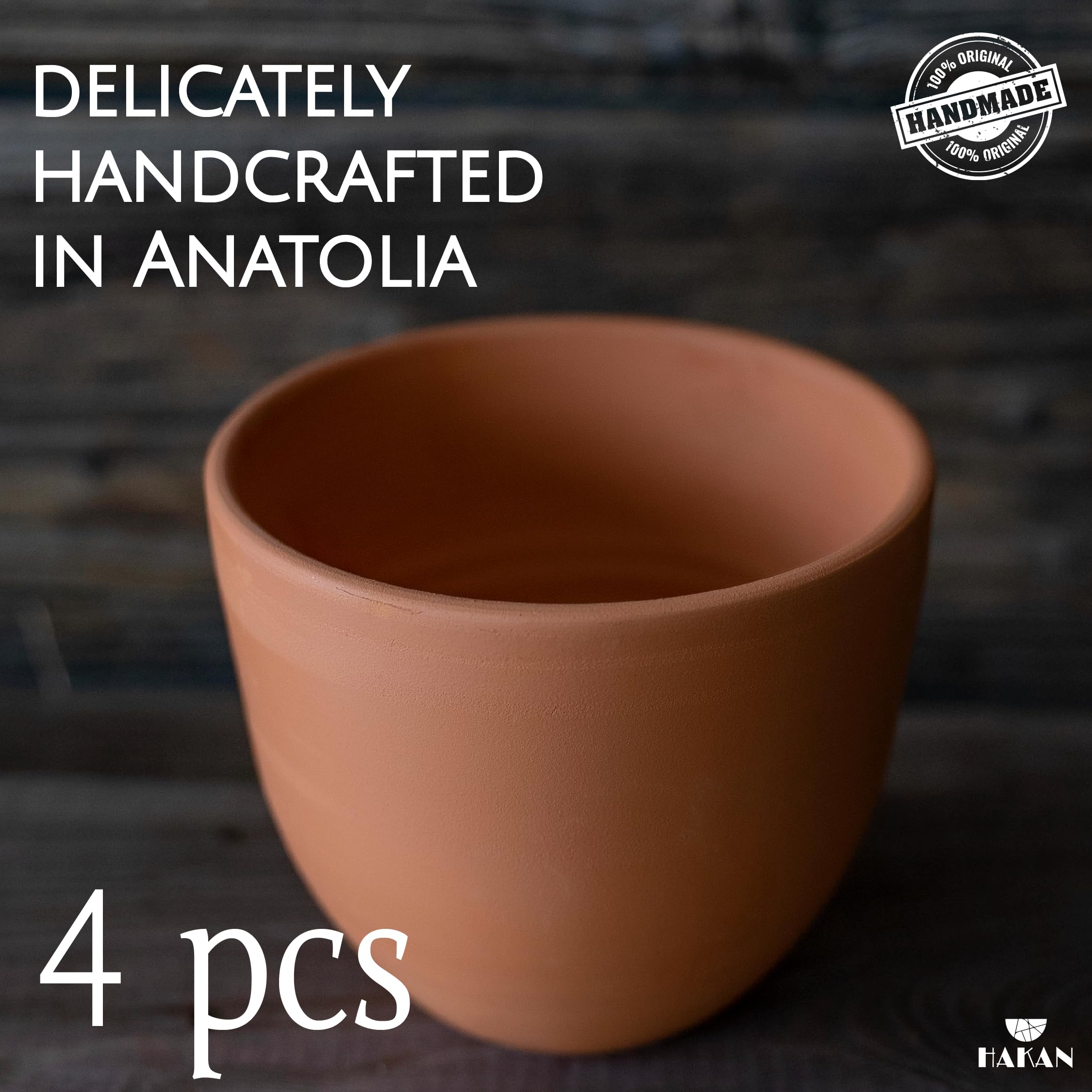 Handmade Hakan Kapadokya 16.9 oz Pottery Mug Set of 4 - Unglazed Clay Cups for Coffee, Tea & Beverages - Earthenware Flower Pots & Decorative Bowls - Perfect for Home Decor, Gifts & Rustic Kitchen Use