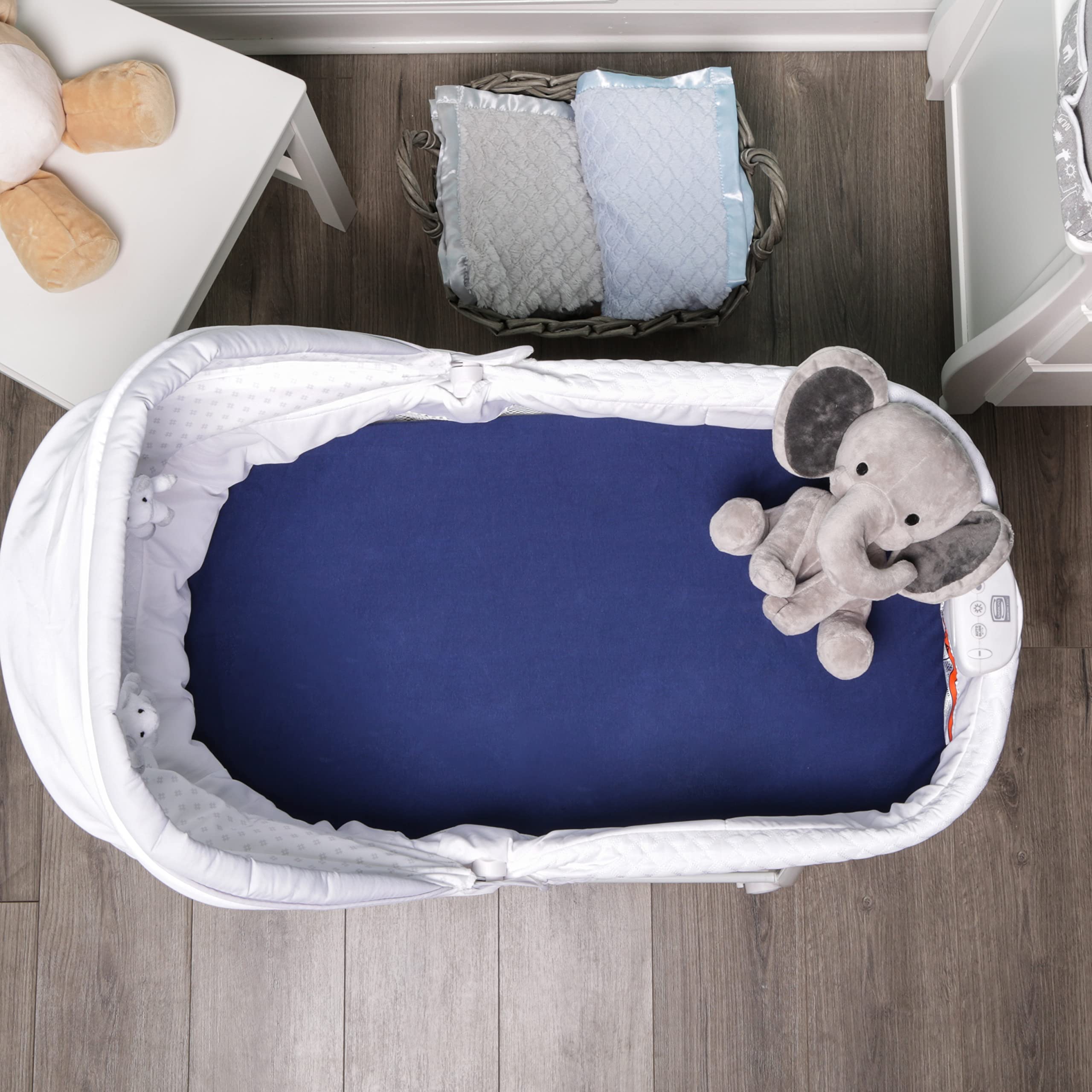 2-Pack 100% Cotton Bassinet Sheets - Soft Jersey Knit Fitted Crib Mattress Pad for Baby Boys & Girls (Navy Blue & Gray) | Fits Most Oval & Rectangle Bassinets, Bedside Co-Sleepers & Loungers | Perfect for Nursery, Travel & Overnight Stays