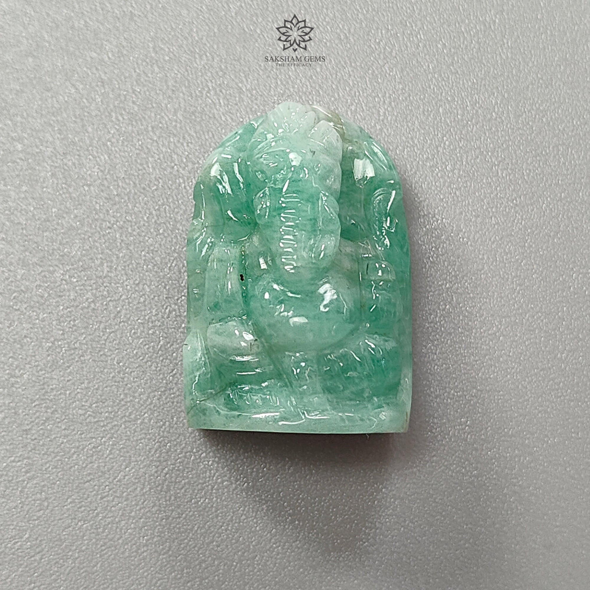 Natural Untreated Green Emerald Gemstone Carving - 31.90cts Lord Ganesha Idol (23x16mm) | Handcrafted Spiritual Statue for Meditation, Home Decor & Gift Giving