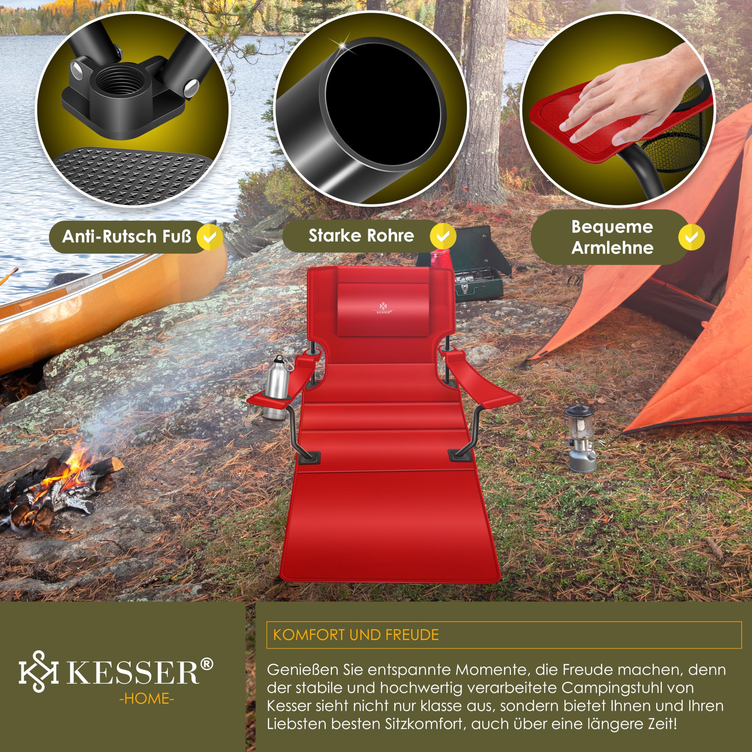 KESSER® 2-in-1 Folding Camping Chair & Bed - Heavy Duty 350lbs Capacity, Extra Wide Portable Lounger with Adjustable Backrest, Drink Holder & Storage Bag | Perfect for Camping, Beach, Fishing, Backyard Relaxing & Outdoor Adventures