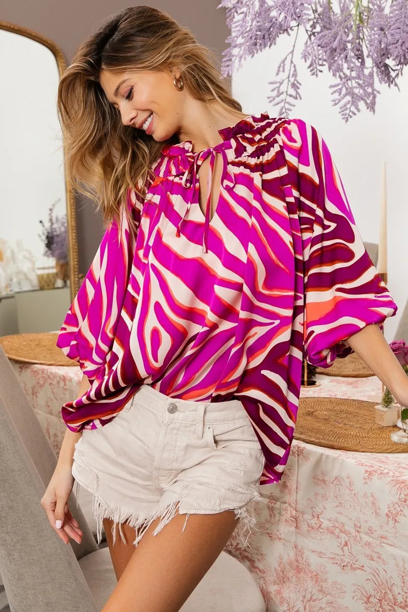 Bibi Tied Neck Half Balloon Sleeve Zebra Print Satin Blouse for Women | Elegant Party Top for Night Out & Date Night