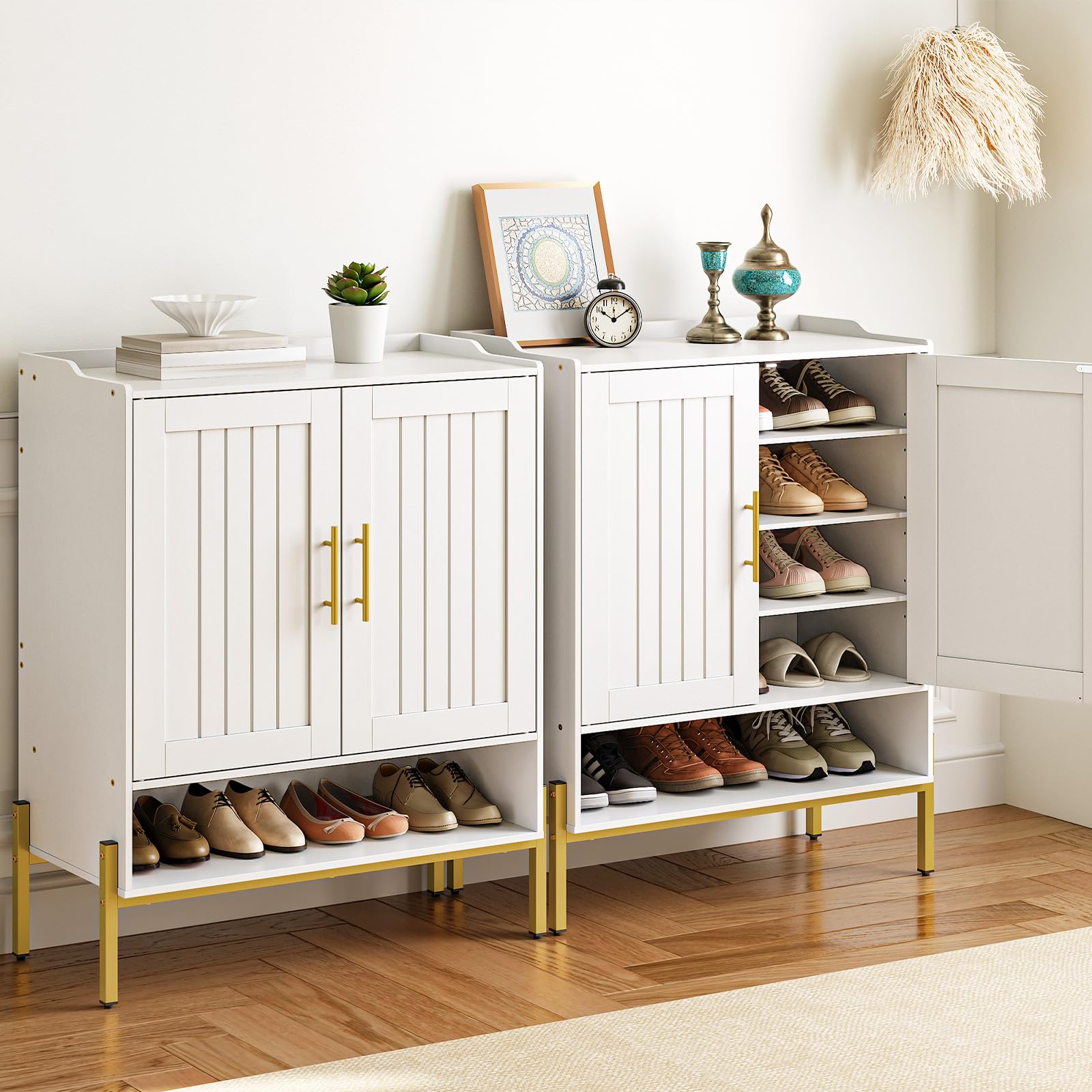 HOOBRO 5-Tier Wooden Shoe Cabinet with Doors - Freestanding Shoe Storage Organizer for Entryway & Hallway, 3 Adjustable Shelves, Gold & White (DW41SC01) - Perfect for Small Spaces, Apartment Living & Closet Organization