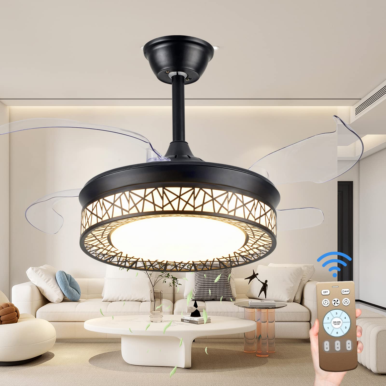 36 Inch Modern Retractable Ceiling Fan with Lights - Remote Control, 6 Speeds & 3 Timer Settings, Dimmable LED Black Fandelier for Bedroom, Living Room, Dining Room - Energy Efficient Invisible Chandelier Indoor Ceiling Fan
