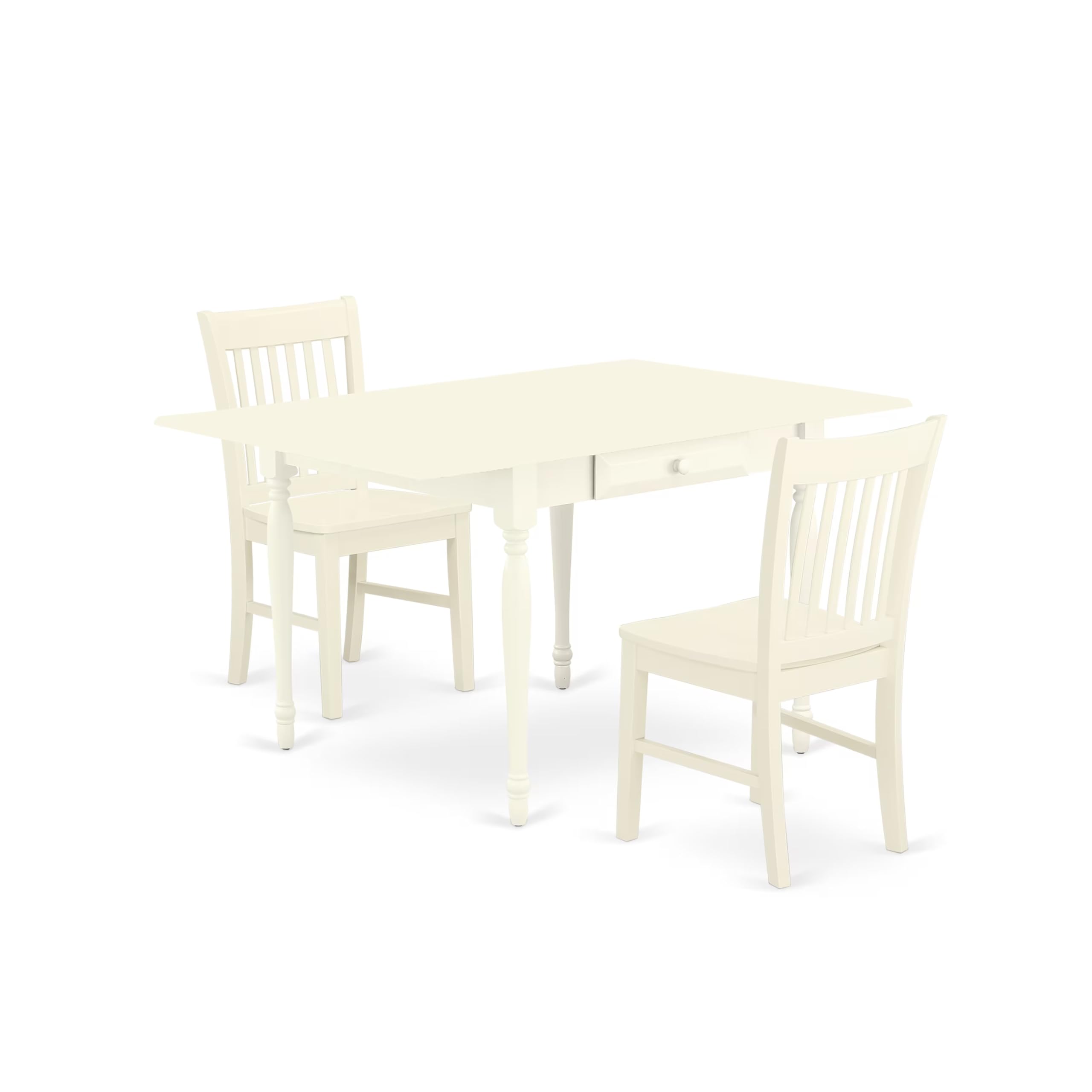 East West Furniture MZNO3-LWH-W 3-Piece Kitchen Table Set for Small Spaces - 36x54 Inch Rectangle Drop Leaf Dining Table with 2 Solid Wood Chairs, Linen White - Perfect for Apartments, Breakfast Nooks & Cozy Dining Areas