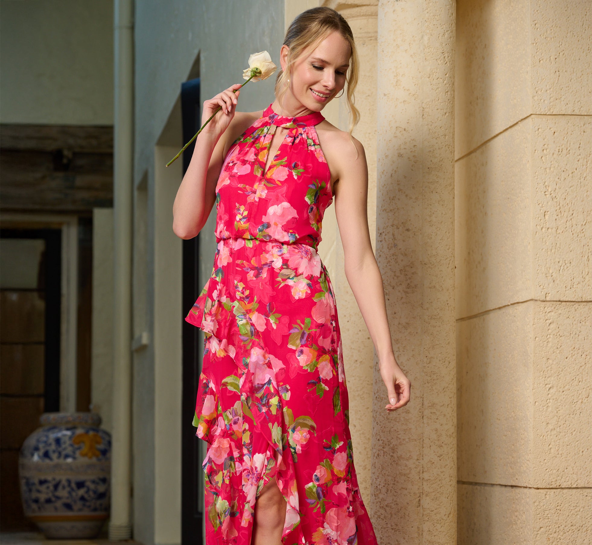 Floral Chiffon Keyhole Halter Maxi Dress in Pink Multi - Elegant Summer Beach Wedding Party Dress for Women