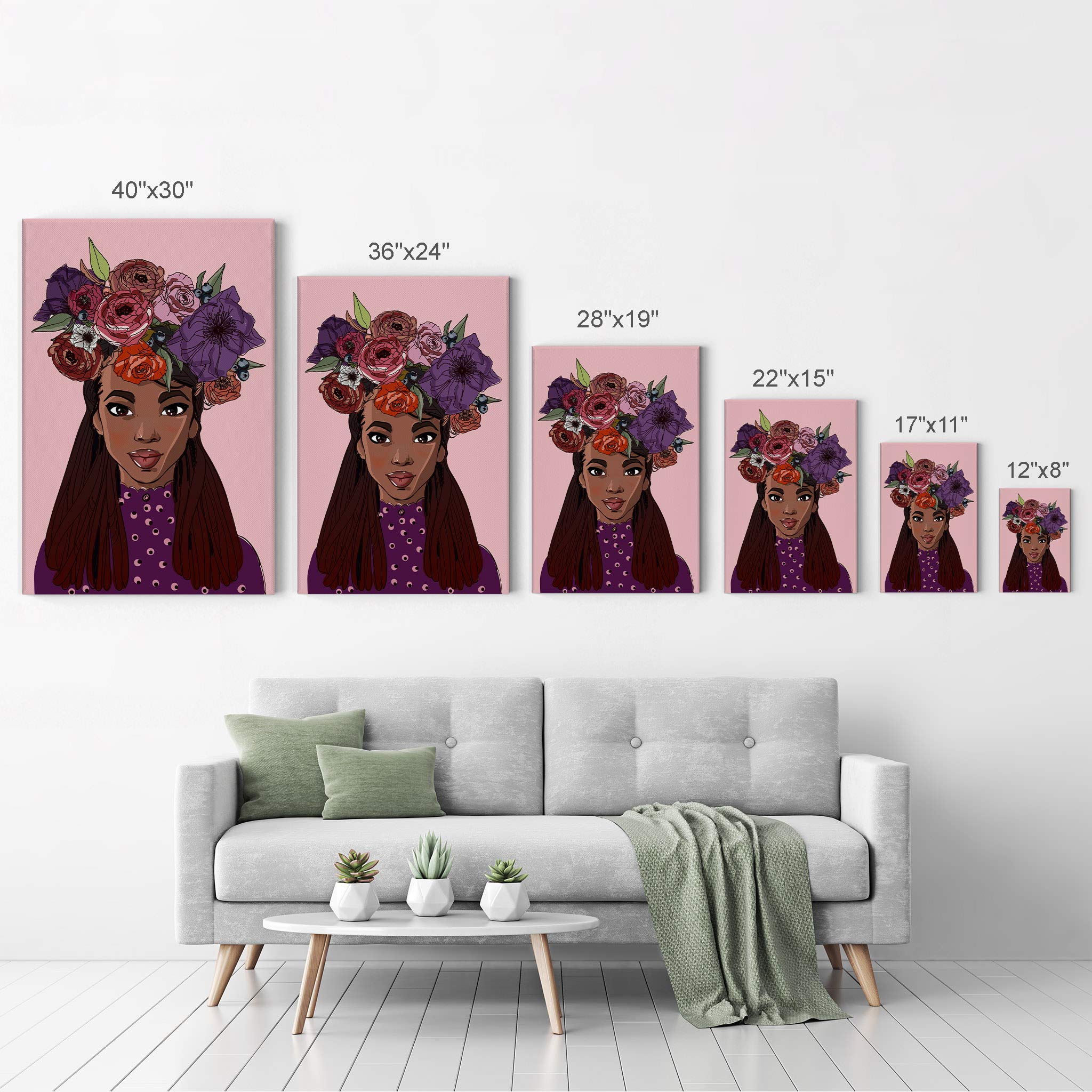 African American Girl Canvas Print - Purple Flower Crown Afro Kids Wall Art, Black Child Nursery Decor, Ready to Hang 40x30 - Perfect for Bedroom, Living Room & Classroom Decor