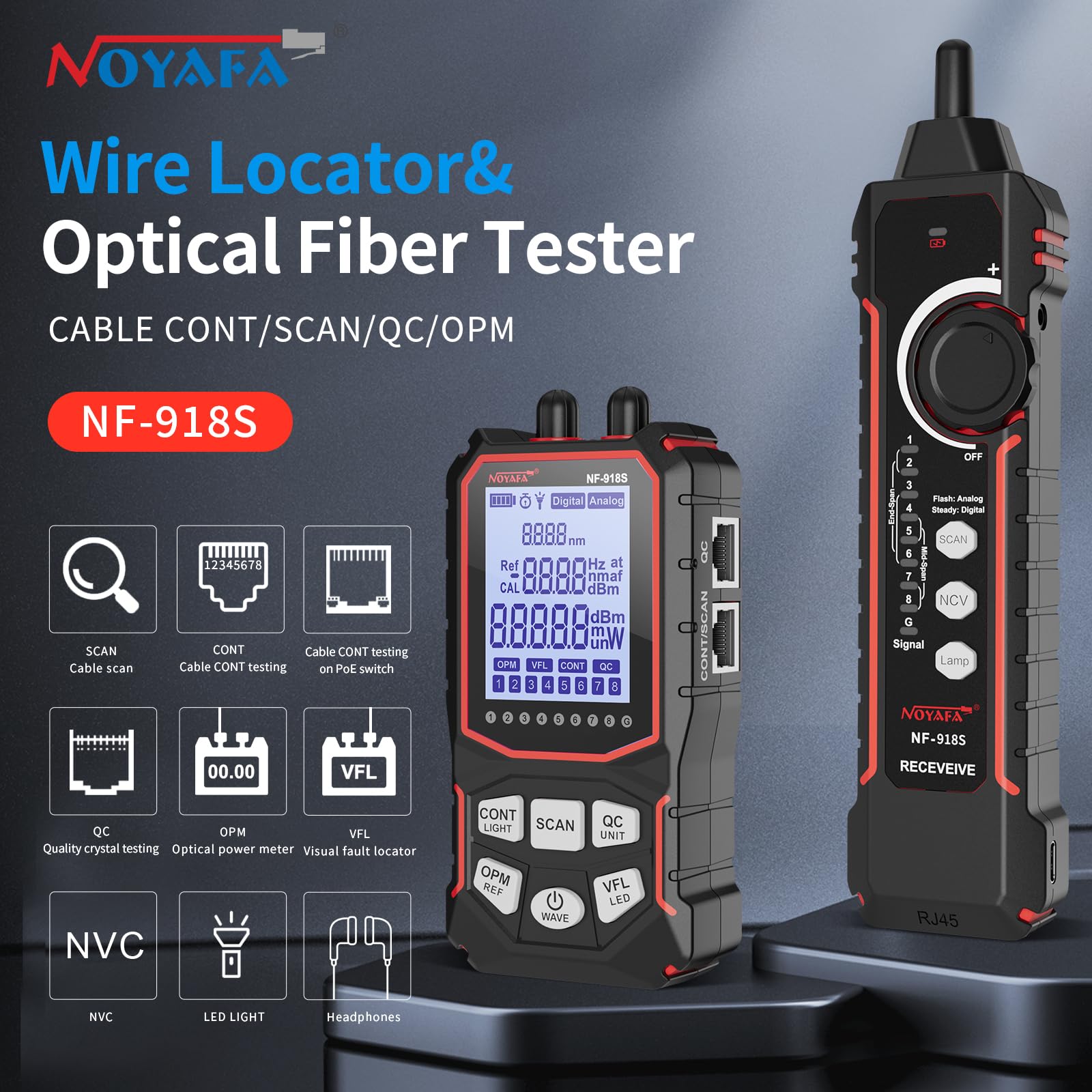 NOYAFA NF-918S Professional Network Cable Tester with 6-Wavelength Optical Power Meter | Ethernet RJ45 Cable Toner | 10mW Visual Fault Locator & PoE Tester | Ideal for Network Installation, Maintenance & Troubleshooting
