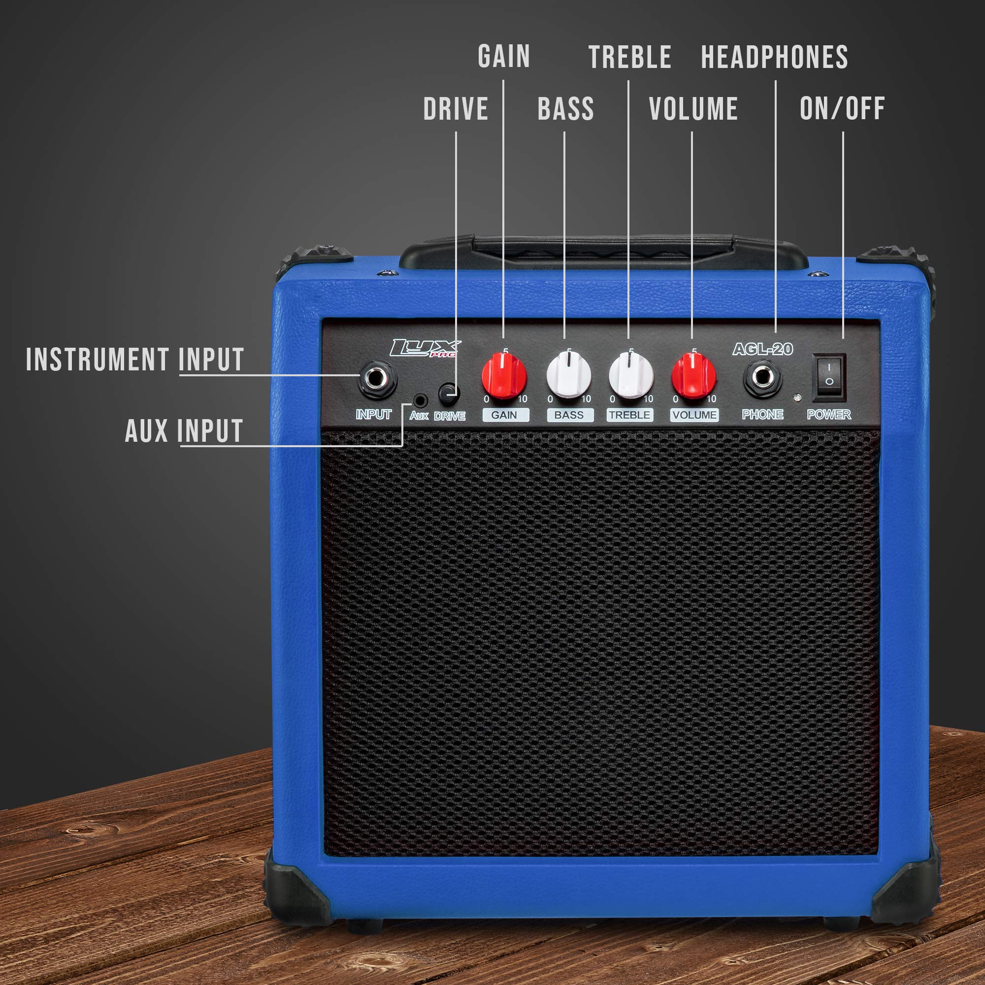 LyxPro 20W Electric Guitar Amplifier with Built-in Speaker, Headphone Jack & Aux Input - Gain, Bass, Treble, Volume Controls - Blue | Perfect for Home Practice, Studio Recording & Live Performances