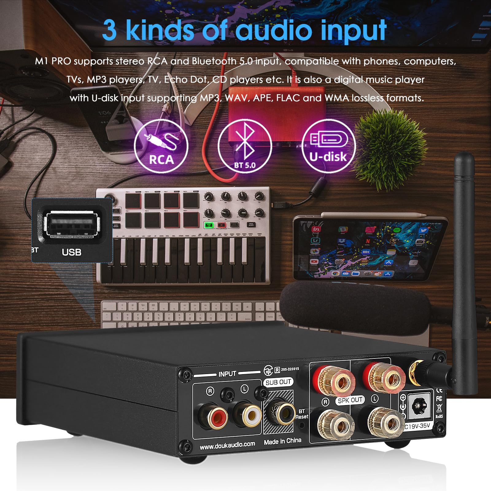 Douk Audio M1 Pro Hi-Fi 320W Bluetooth 5.0 Power Amplifier with Stereo Subwoofer & USB Music Player - Perfect for Home Theater, Karaoke, and Audio Enthusiasts
