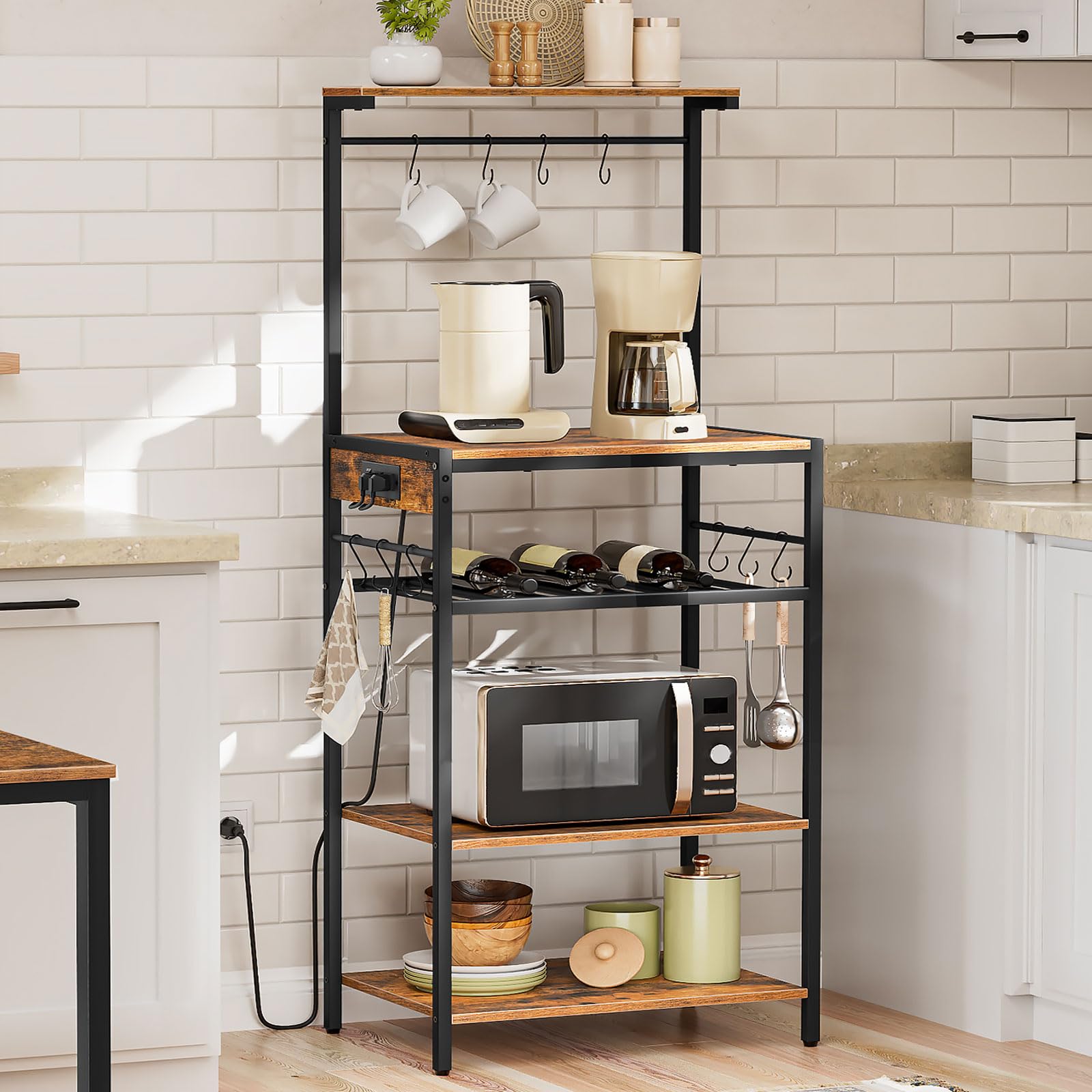 HOOBRO 5-Tier Kitchen Bakers Rack with Power Outlet - Adjustable Coffee Bar & Wine Rack, Microwave Stand with 10 S-Hooks - Rustic Brown Storage Shelf for Kitchen, Dining Room, or Coffee Station - Model BF60UHB01