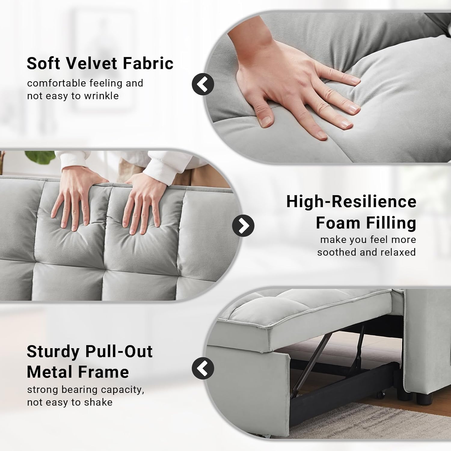 3 in 1 Convertible Velvet Sleeper Sofa Bed with Storage Pockets & 2 Pillows - Modern Foldable Couch for Small Spaces, Living Room, Apartment, Bedroom & Office - Perfect for Guests, Lounging & Space Saving (Gray)