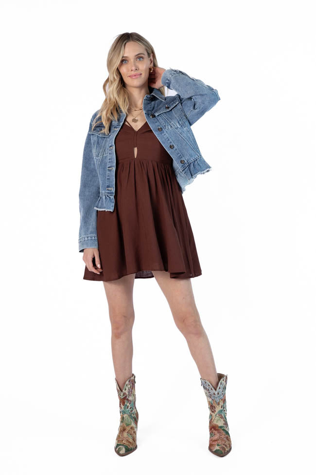 Chocolate Brown V-Neck Mini Dress for Women - Elegant Bell Sleeve Party Dress - Perfect for Dates, Cocktails & Special Occasions