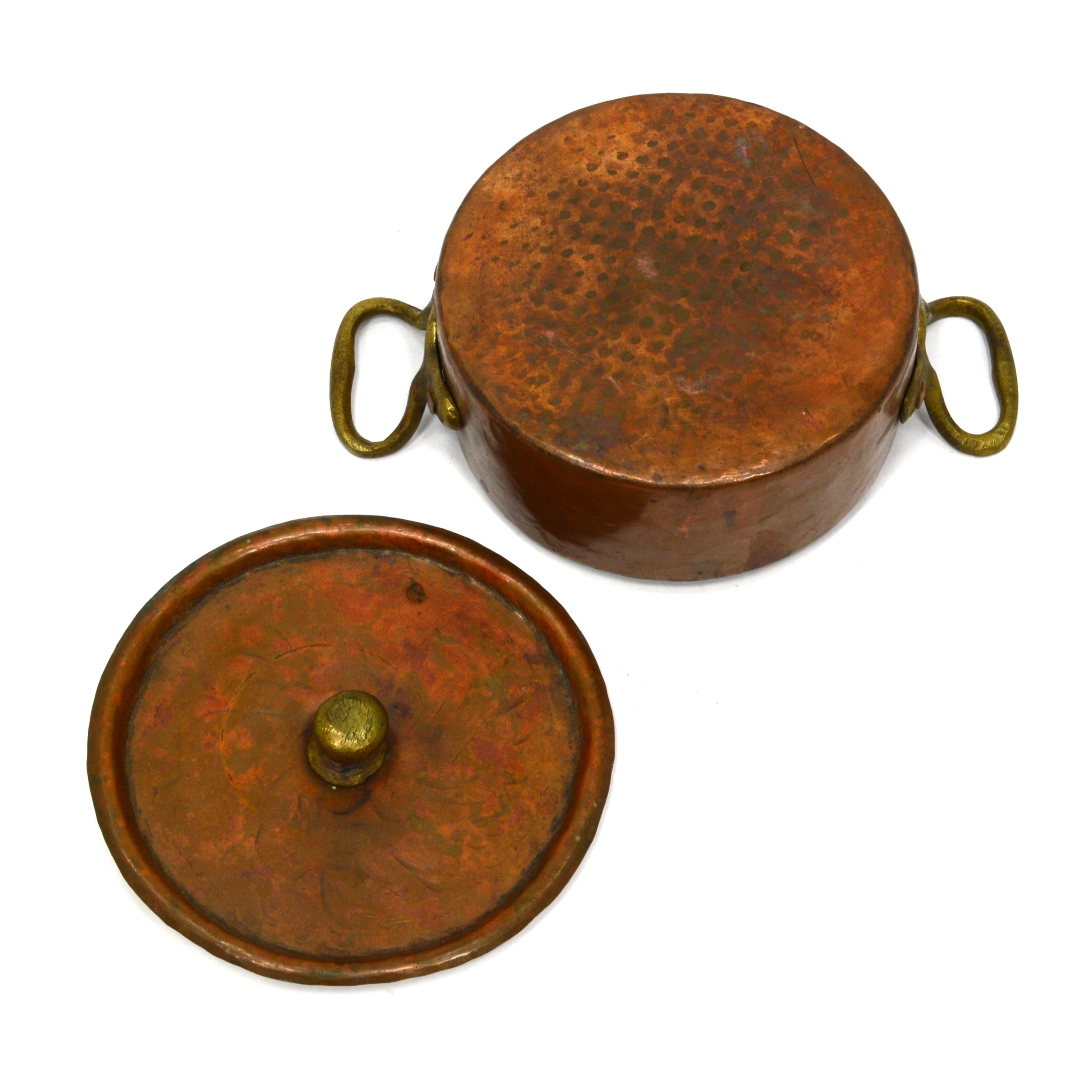 Vintage Copper & Tin Braising Pan - 5 Single Serve Bowls with Lid & 2 Brass Handles | Perfect for Asian Cooking, Hot Pot & Tabletop Serving