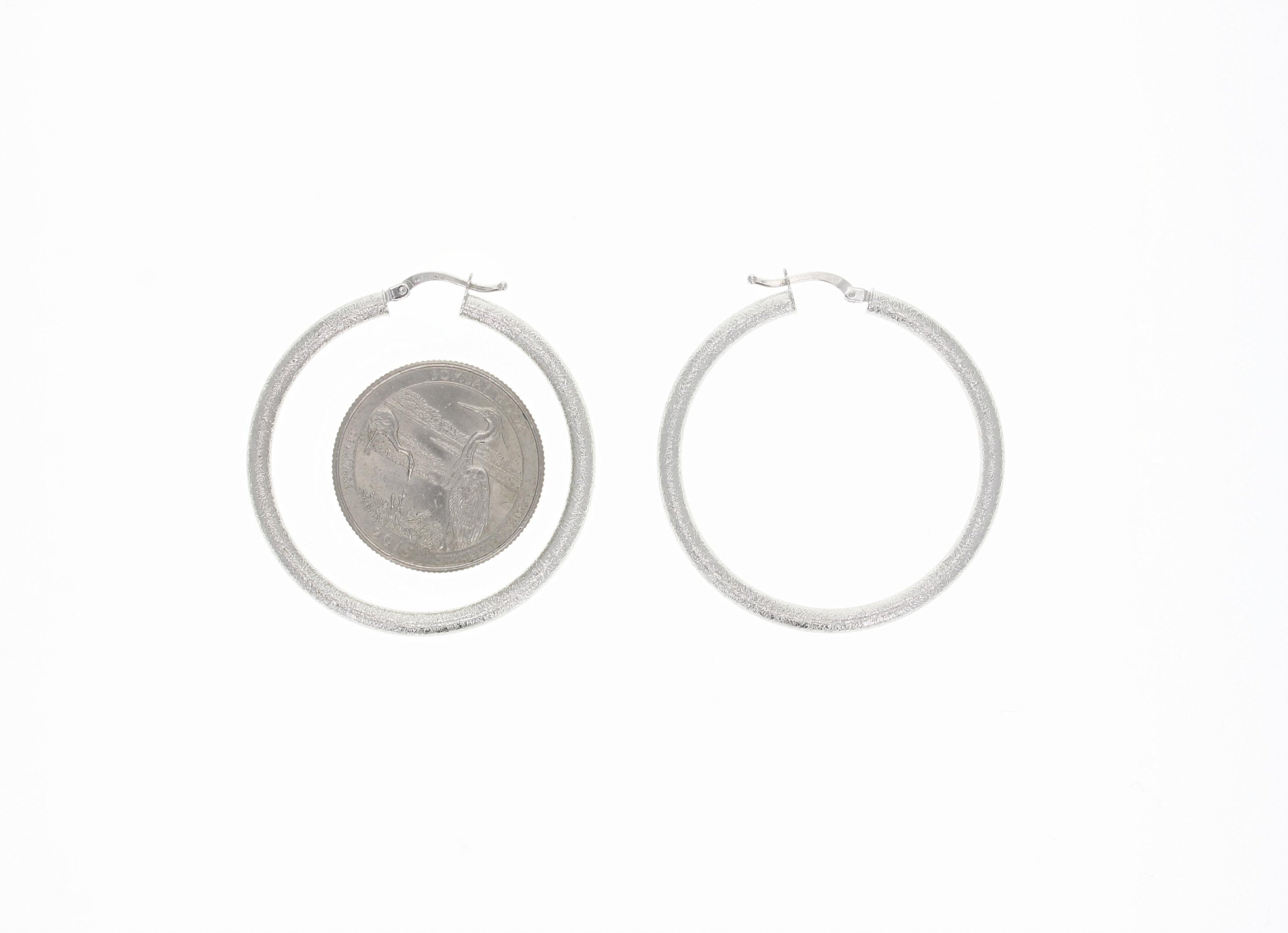 14K White Gold Sand Textured Hoop Earrings - 34mm & 40mm Size Options - Perfect for Everyday Wear, Date Nights & Special Occasions
