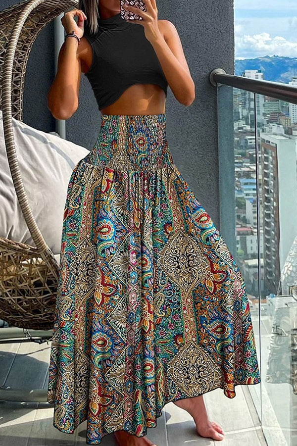 Stylish Printed Pleated Elastic Waist Maxi Skirt for Women | Holiday & Casual Wear | Perfect for Beach Vacations, Summer Outings & Festive Occasions