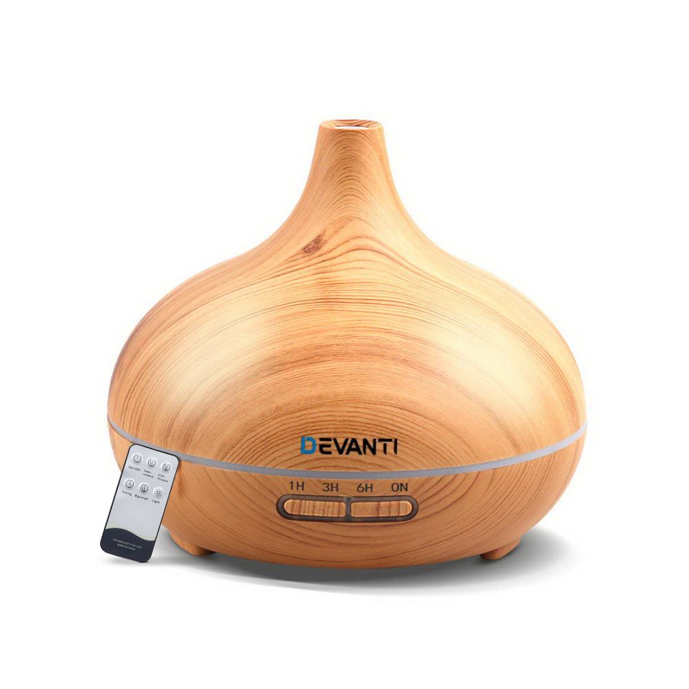 Devanti 300ml 4-in-1 Ultrasonic Aroma Diffuser with LED Light - Natural Wood Grain Finish | Perfect for Home, Office, Yoga & Spa Relaxation