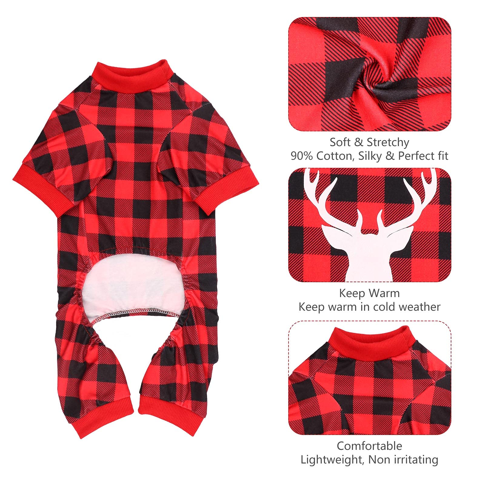 **Buffalo Plaid & Reindeer Print Dog Pajamas - Super Soft Stretchy Christmas Onesie for Medium Dogs (M) - Cozy Holiday Sleepwear for Pets**