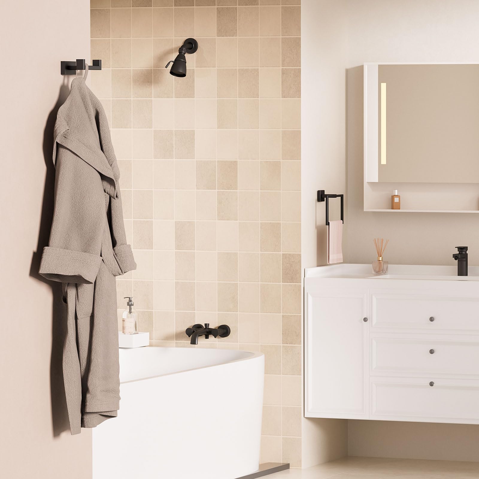 Double Towel Hook & Toilet Paper Holder Set - Matte Black Bathroom Organizer for Wall Mounting | Space Saving Solution for Bathrooms, Laundry Rooms & Kitchens