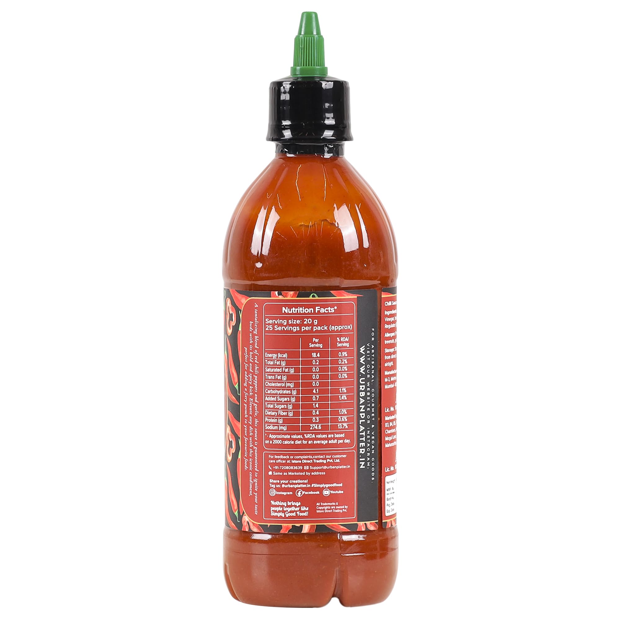 Urban Platter Sriracha Hot Chili Sauce - 17.6oz (500g) Bottle | Spicy Thai Chili Garlic Sauce for Cooking, Dipping & Marinades | Perfect for Tacos, Wings, Burgers & Asian Dishes