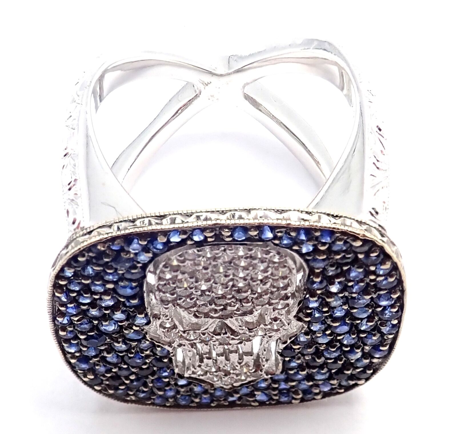 Authentic Loree Rodkin 18K White Gold Diamond Sapphire Skull Ring with Gift Box - Gothic Jewelry for Women, Perfect for Halloween, Punk Fashion & Unique Gift Giving