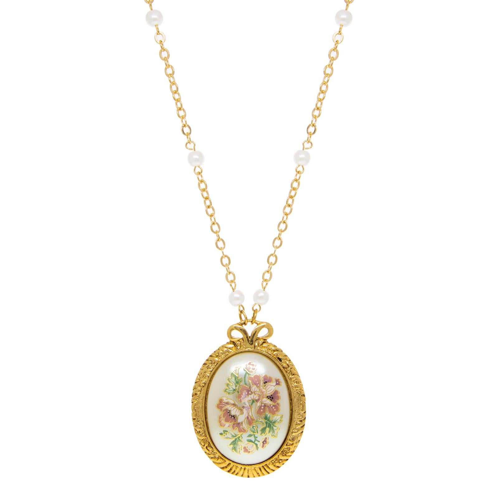 1928 Faux Pearl Necklace with Pink Floral Oval Pendant - 30 Inch Vintage Style Jewelry for Women, Perfect for Weddings, Parties & Special Occasions