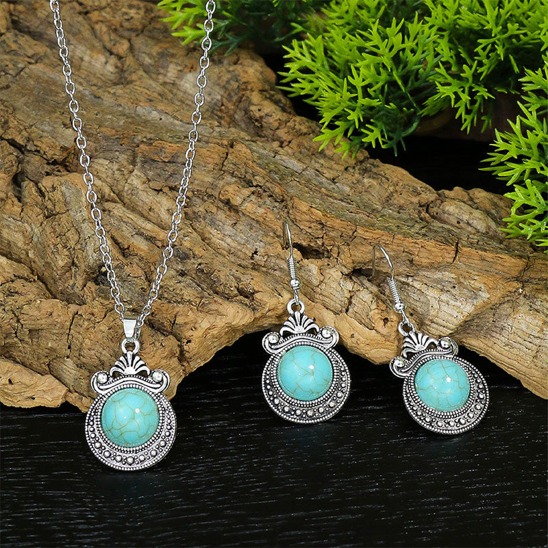 Vintage Bohemian Ethnic Geometric Carved Turquoise Diamond Jewelry Set - Earrings & Necklace for Women, Handmade Tribal Statement Piece for Weddings, Parties & Special Occasions