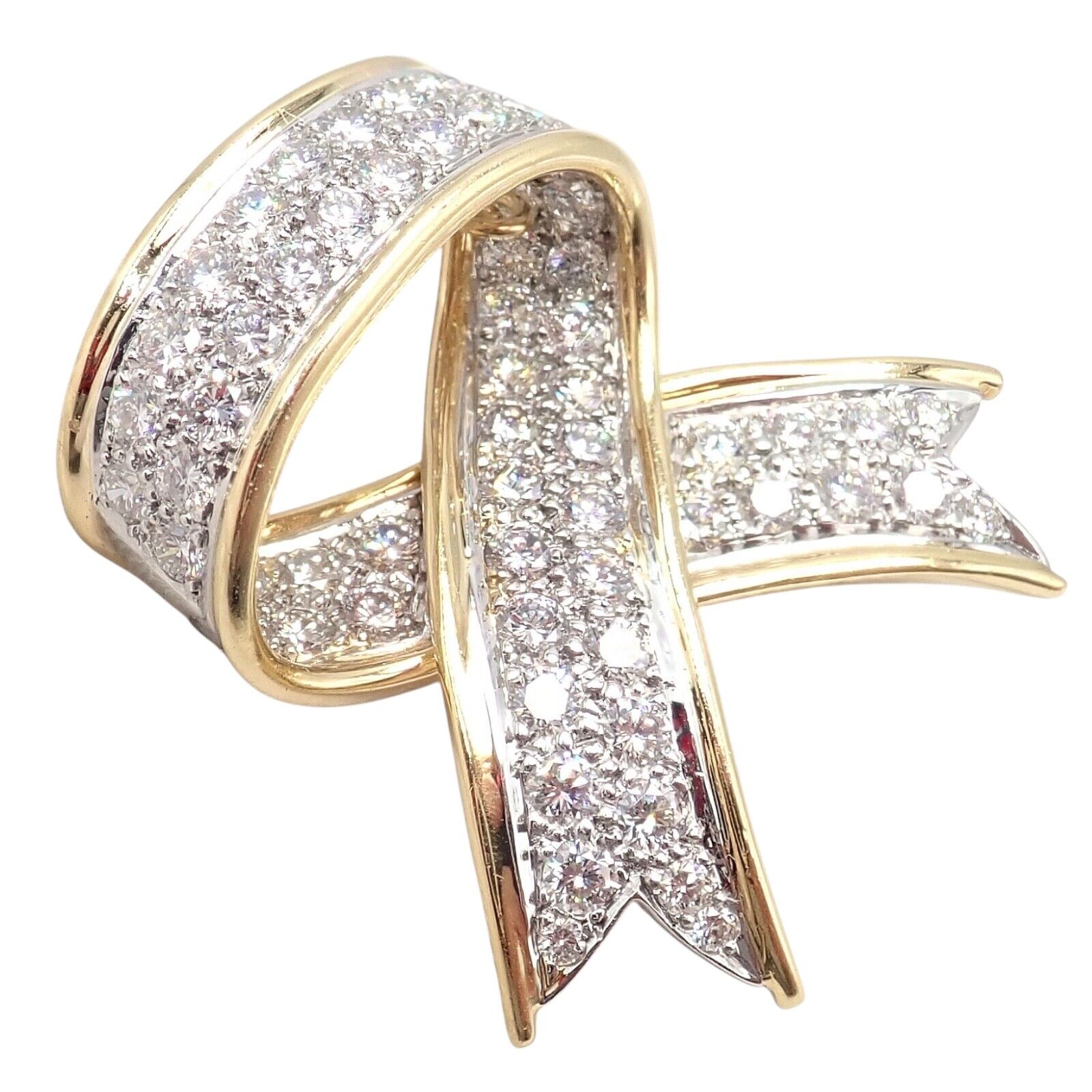 Vintage Tiffany & Co 18k Yellow Gold Platinum Diamond Ribbon Bow Pin Brooch - Elegant Jewelry for Women, Perfect for Weddings, Parties & Special Occasions