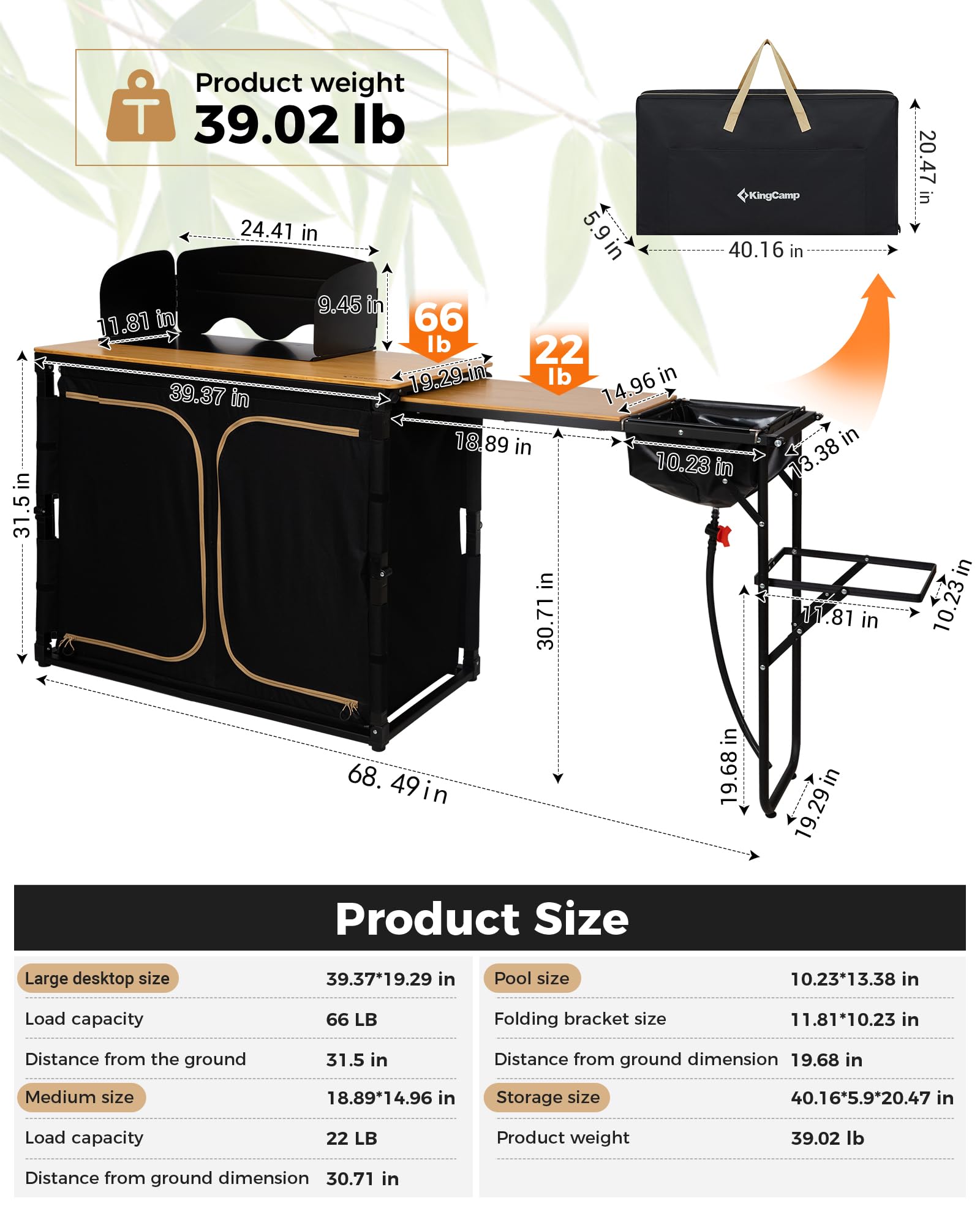 KingCamp XL-Black Bamboo Folding Camping Table with Aluminum Frame, Lantern Pole, Side Hooks & Pockets - Portable Outdoor Cooking Station for Camping, Picnics, BBQ & Tailgating