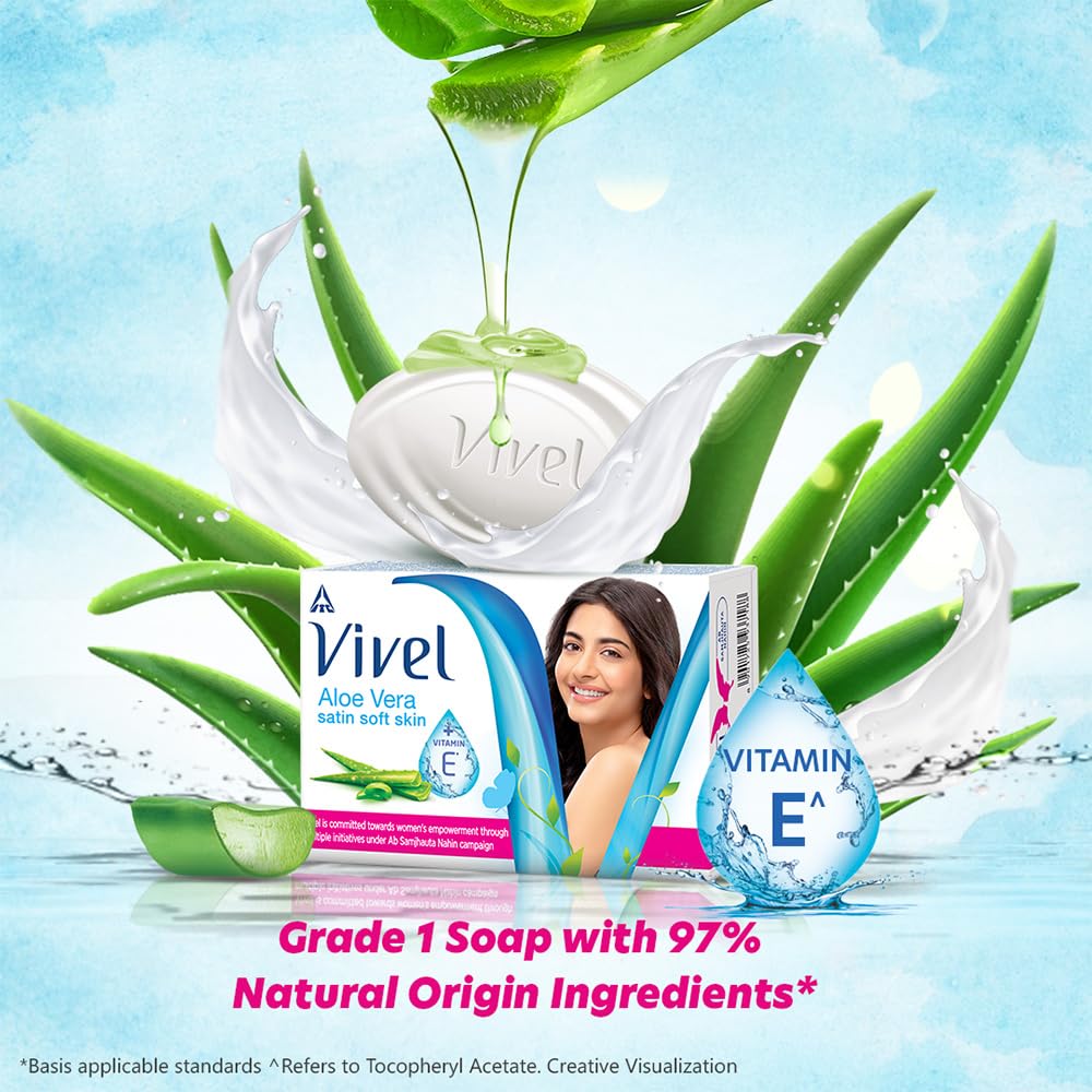 Vivel Aloe Vera & Vitamin E Bath Soap for Soft Glowing Skin - Refreshing Fragrance - 150g Combo Pack (4 Bars) | Lavender Almond Oil Body Wash Shower Gel - 400ml Liquid Refill Pouch - Moisturizing & Relaxing for Daily Shower & Spa Experience