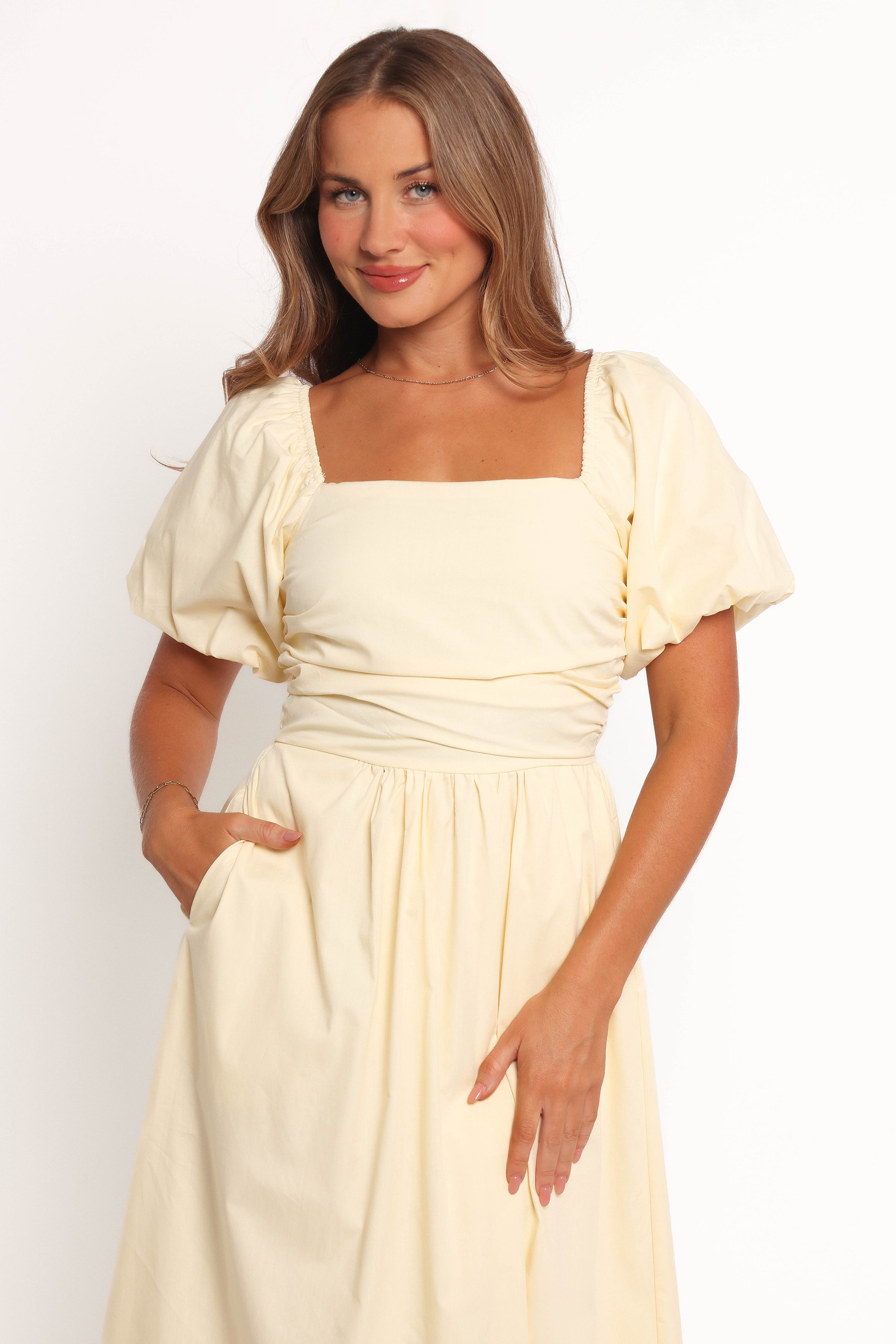 Elegant Yellow Clo Puff Sleeve Midi Dress for Women - Perfect for Summer Parties & Casual Outings