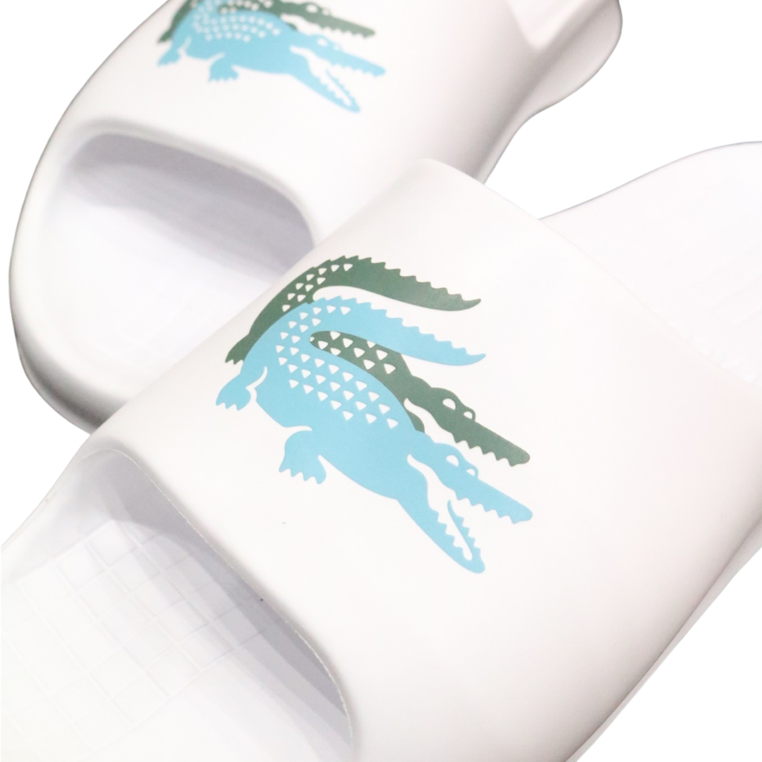 Lacoste Men's Serve Slide 2.0 White & Dark Sandals - Comfortable Casual Slides for Pool, Beach, and Everyday Wear