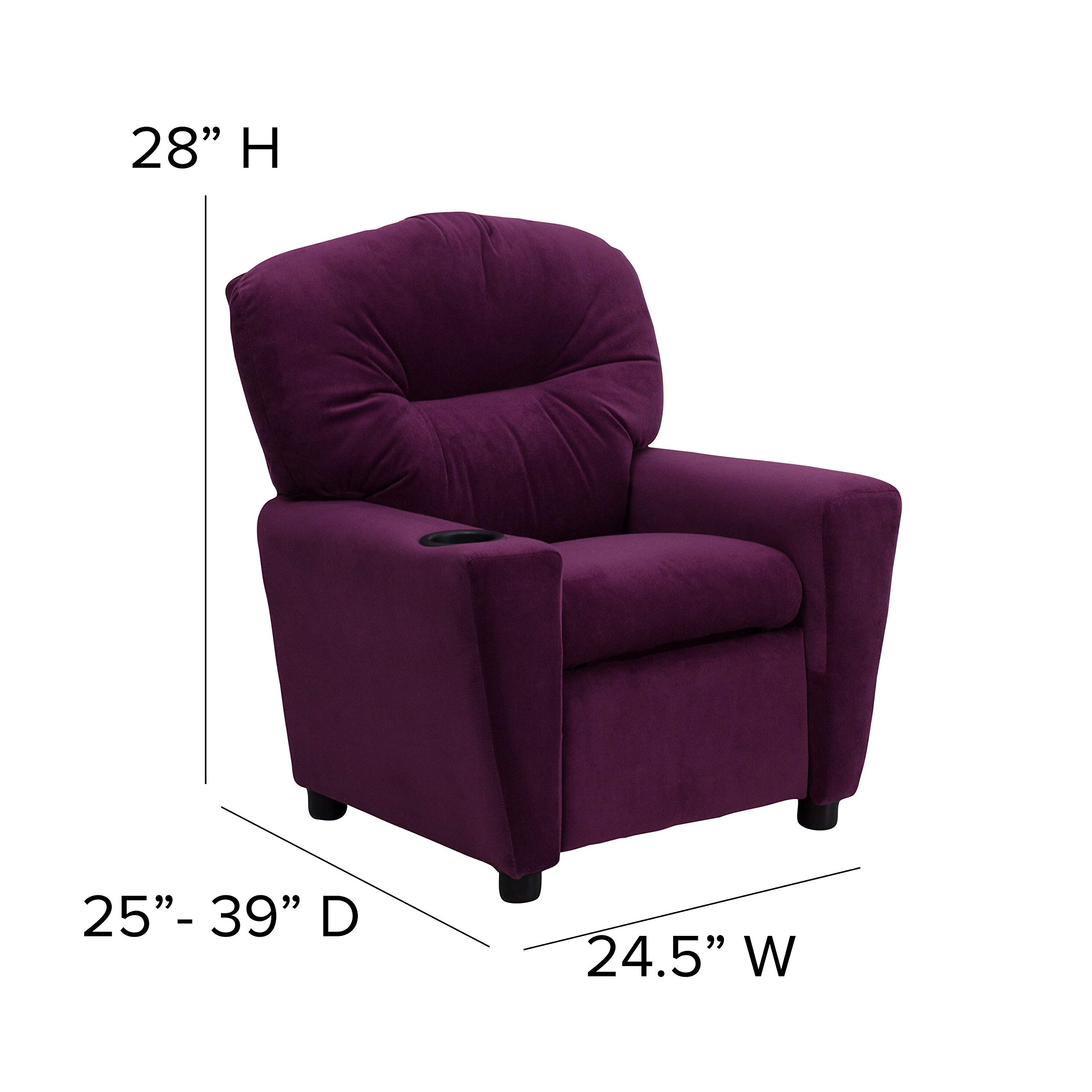Emma & Oliver Purple Microfiber Kids Recliner Chair with Cup Holder - Comfortable Children's Lounge Chair for Bedroom, Playroom & TV Watching