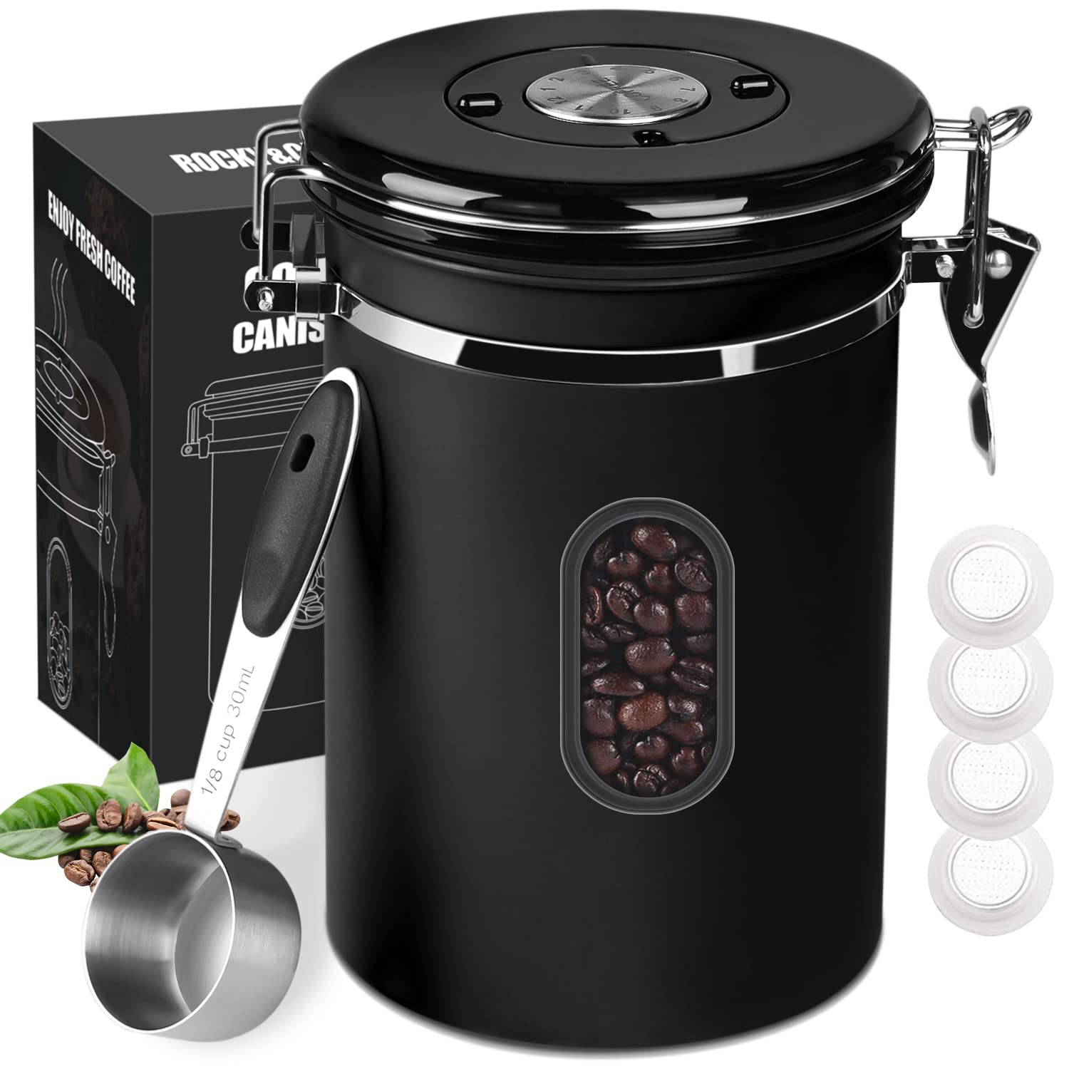 1800ML (22.8OZ) Airtight Coffee Canister with Date Tracker & Transparent Window - Coffee Bean Storage Container with 30ML Measuring Spoon & 4 CO2 Valves - Ideal for Ground Coffee, Whole Beans & Tea - Perfect for Kitchen, Pantry & Coffee Station Organization (Black)