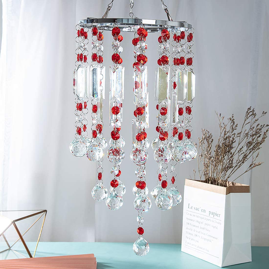 LONGSHENG Crystal Wind Chime with Red Prisms & Beads - Handmade Sun Catcher Pendant for Home Decor Since 2001 | Perfect Gift for Garden, Patio, or Window Decoration