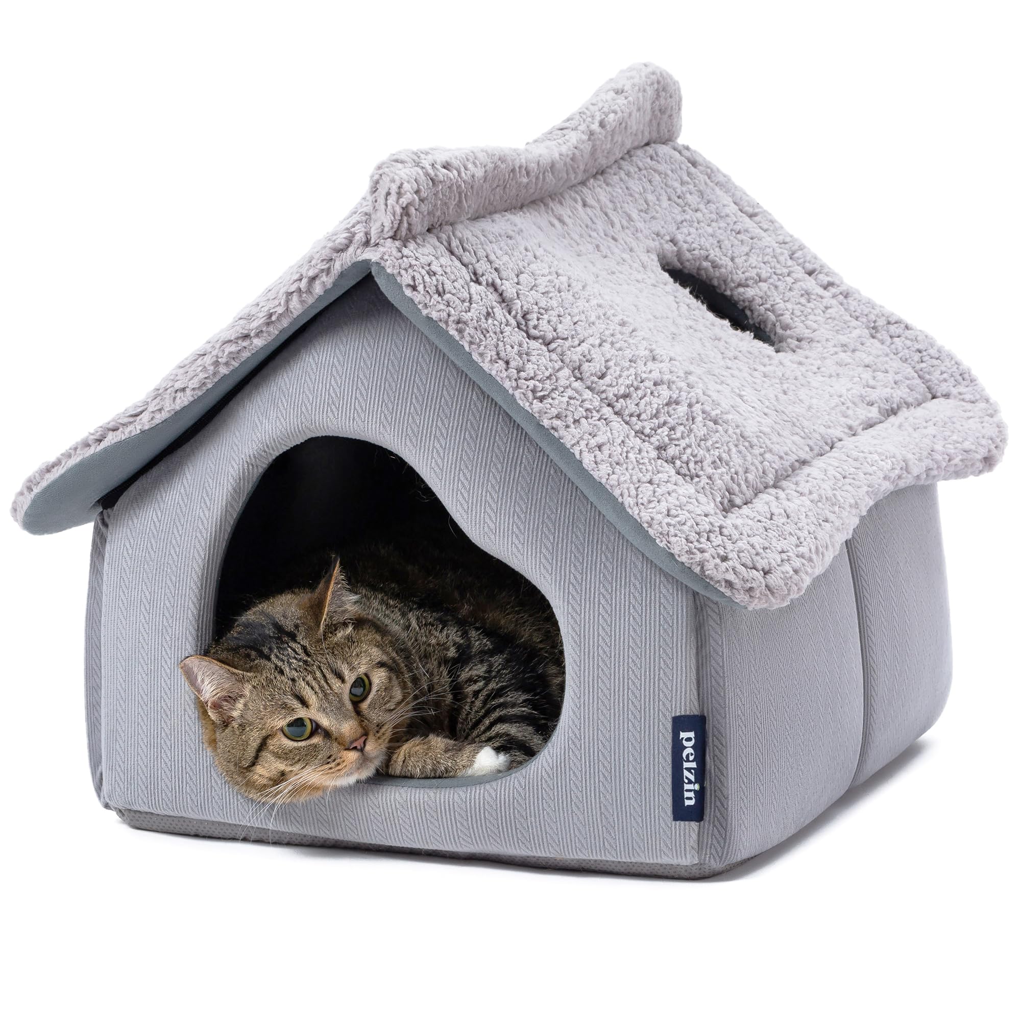 Premium Large Cat Cave Bed for Indoor Cats - Washable 2-Sided Mat & Removable Support Foam - Cozy Enclosed Hideaway for Kittens & Small Pets (Grey) - Perfect for Living Rooms, Bedrooms & Pet-Friendly Spaces