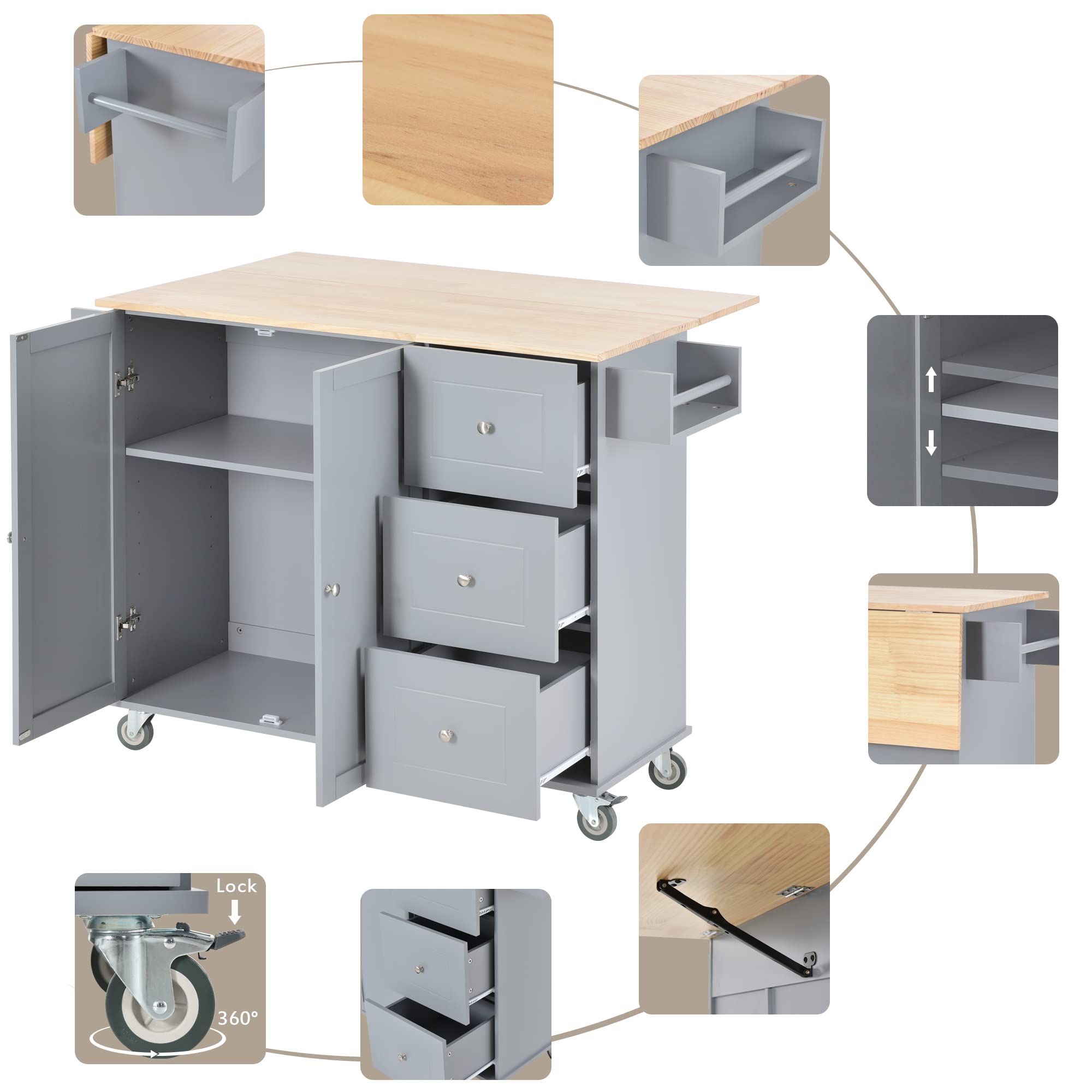 HABITRIO Multi-Functional Kitchen Island Cart with Cabinet, Storage Drawers & Spice Rack - Extendable Solid Wood Table Top, Wheels, Dusty Blue - Perfect for Small Kitchens, Dining Areas & Home Organization