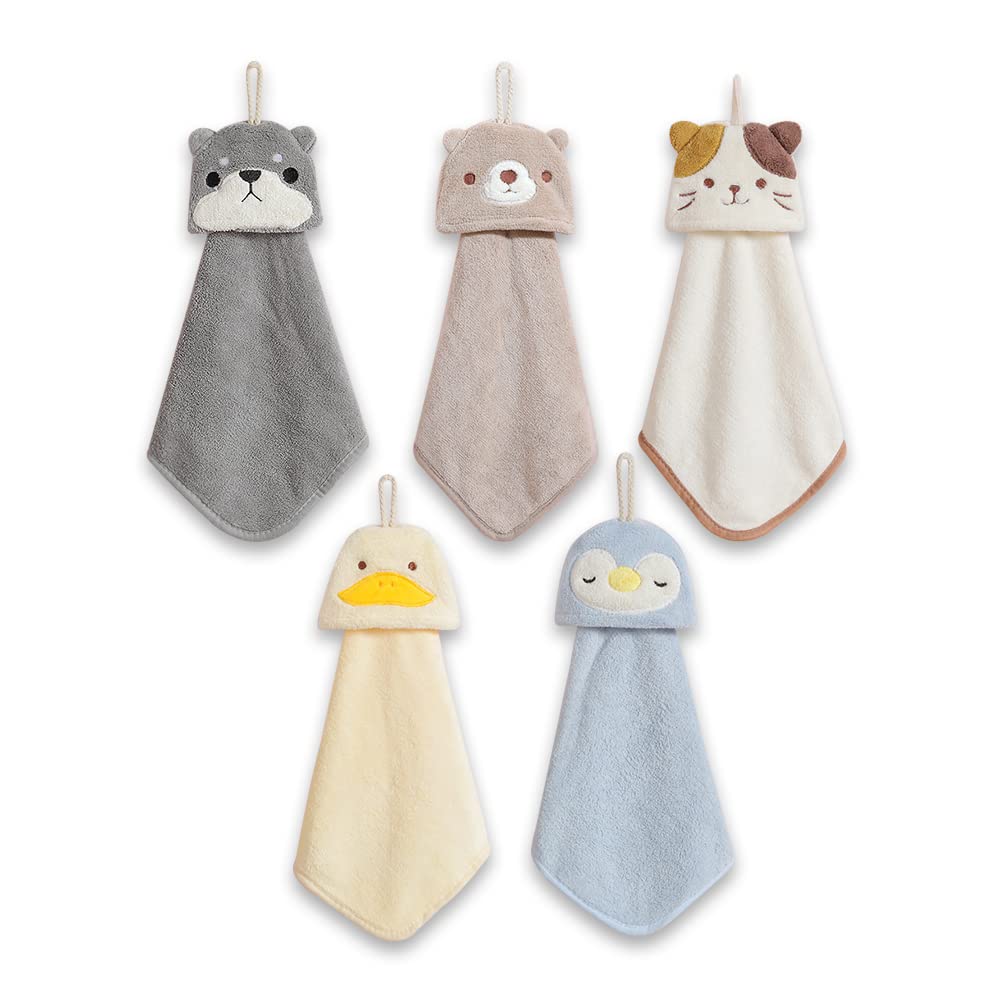 5 Pack Cute Animal Print Hand Towels - Soft Microfiber Coral Fleece Bathroom Towels with Hanging Loop - Absorbent Kitchen & Bath Hand Towels for Kids & Adults - Perfect for Bathroom, Kitchen, Bedroom & Nursery Decor