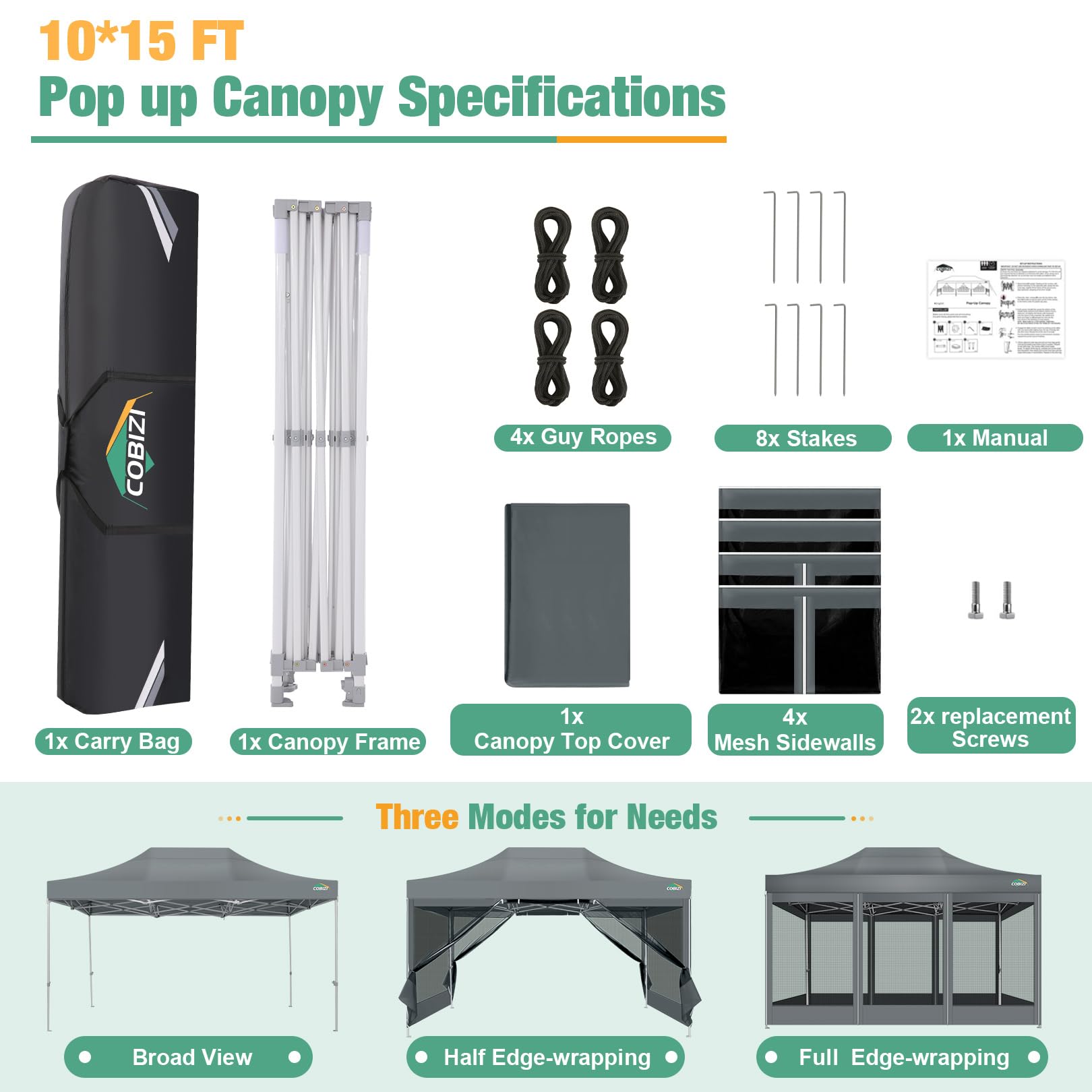 COBIZI 10x15 Heavy Duty Pop Up Canopy Tent with Waterproof Sidewalls & Mosquito Net - Easy Setup Instant Shelter for Outdoor Parties, Weddings, Backyard Events - Includes Carry Bag (Gray) | Perfect for Picnics, Camping, Farmers Markets & Tailgating