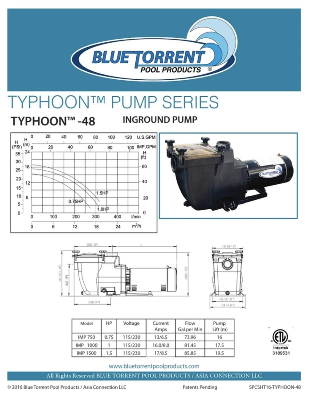 Blue Torrent Typhoon 1.5 HP 48 Frame In-Ground Pool Pump Replacement - High Performance Swimming Pool Water Circulation System for Backyard, Residential & Commercial Use