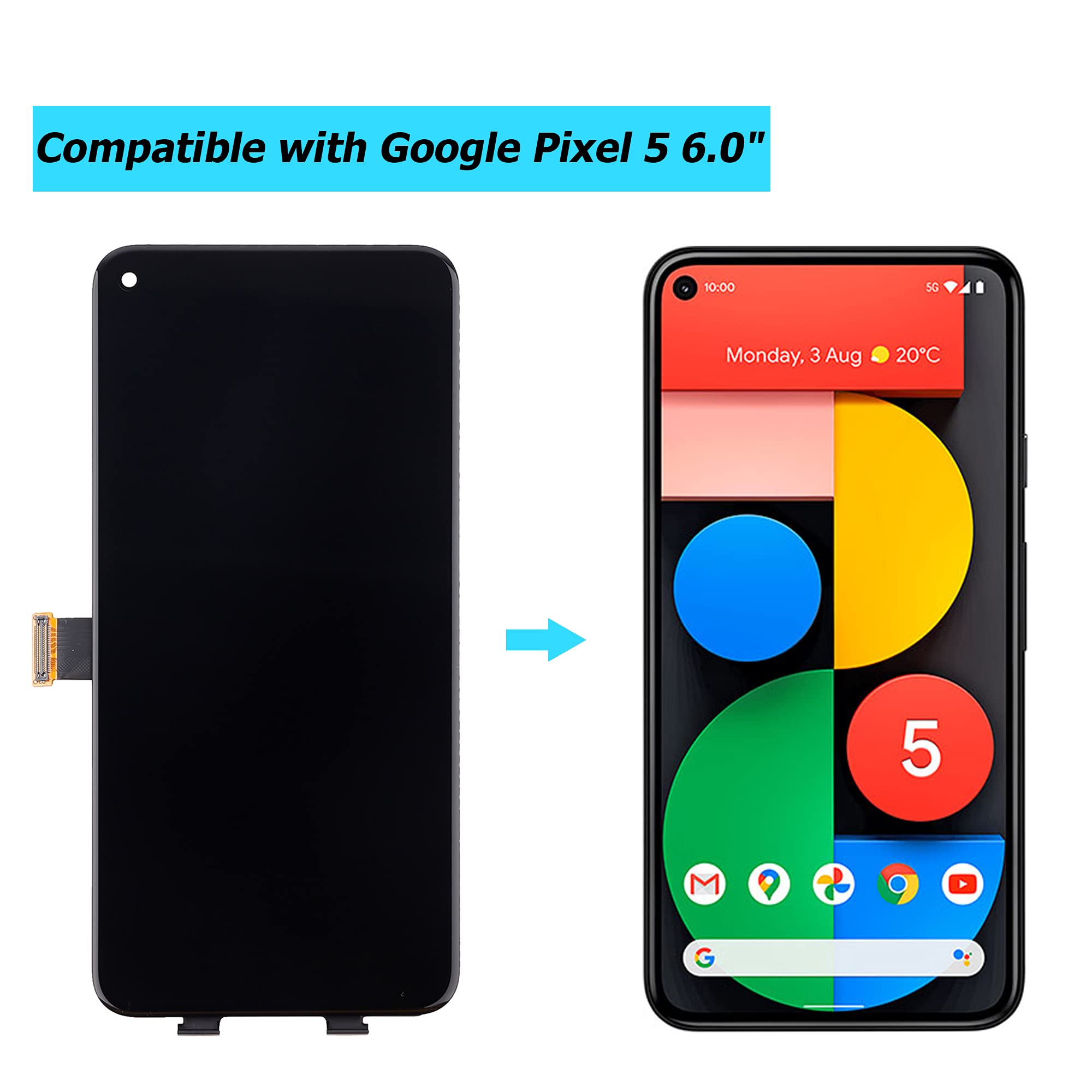 Vvsialeek OLED Touch Screen Display for Google Pixel 5 (6.0 Inch) - Fingerprint Compatible LCD Replacement with Installation Tools - Perfect for Screen Repairs & DIY Phone Maintenance